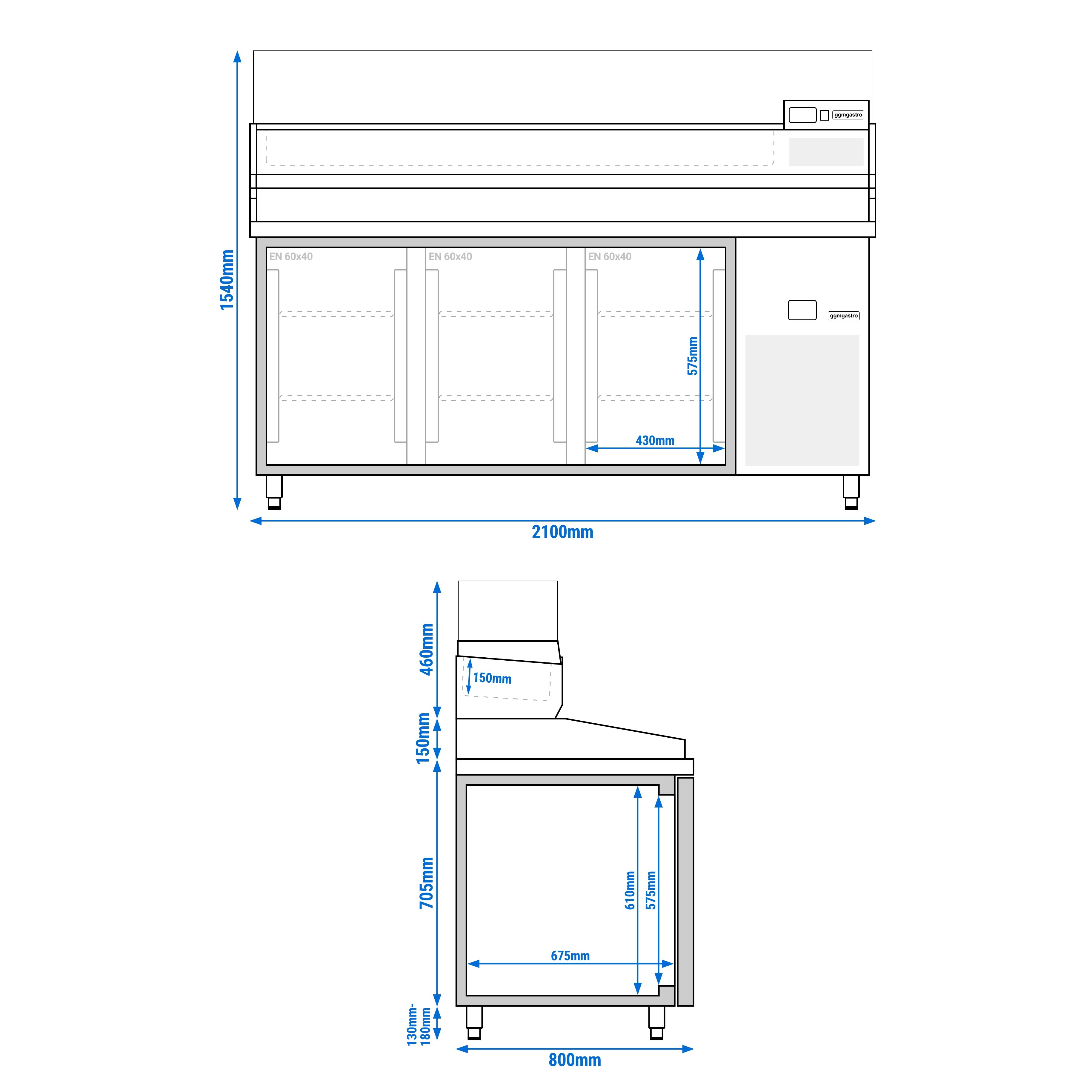 Table réfrigérée à pizza PREMIUM - 2100x800 mm - avec 3 portes - incl. vitrine réfrigérée - 10x GN 1/3