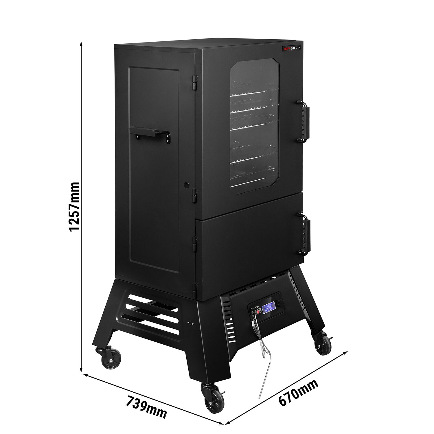 Fumoir électrique professionnel - Commande électronique - avec 4 étagères - 670x739mm - sur roulettes - Noir - fumage à chaud et à froid