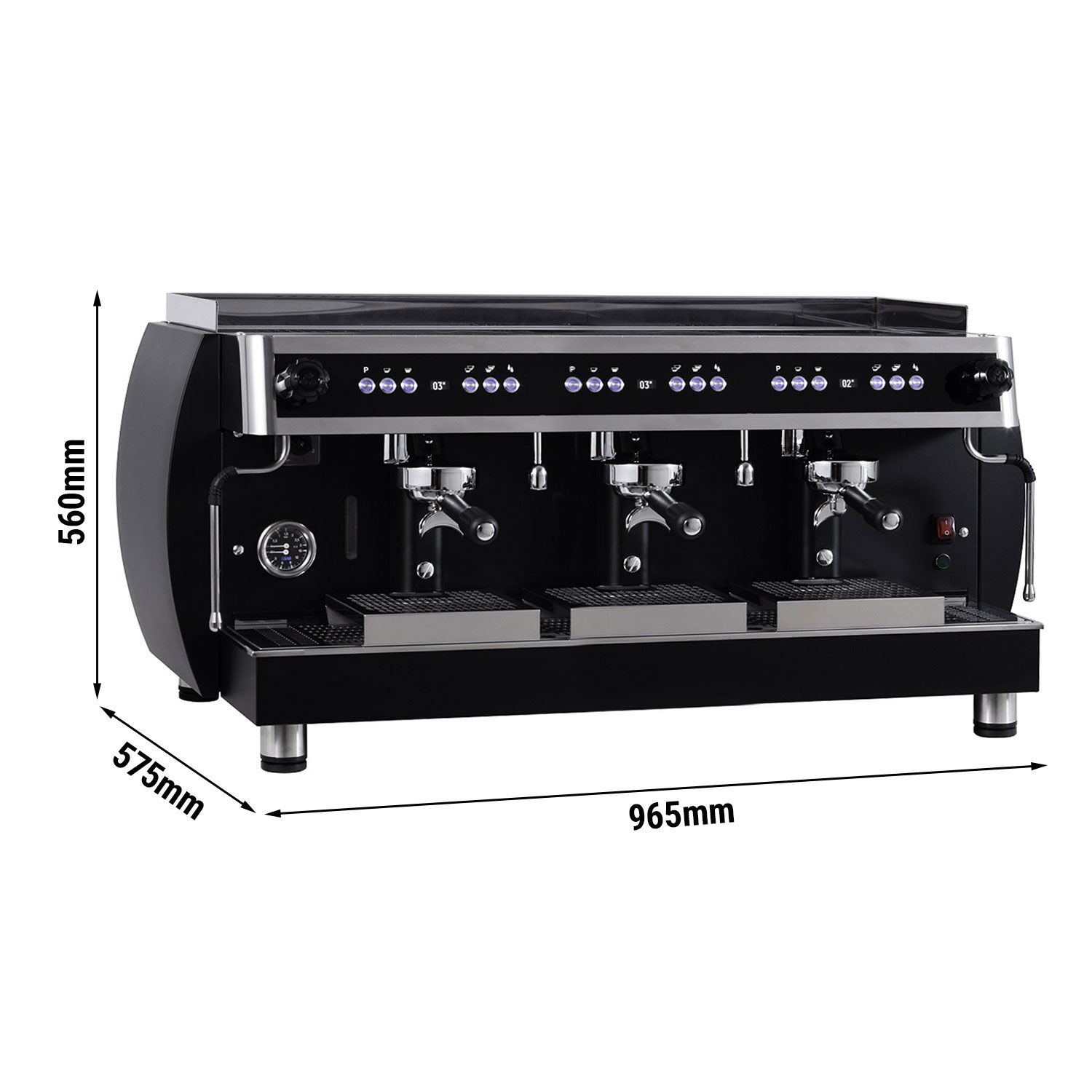 Machine à café porte-filtre « Grace » – avec écran digital – 3 groupes – avec système de préinfusion & compteur de shots inclus – Noir
