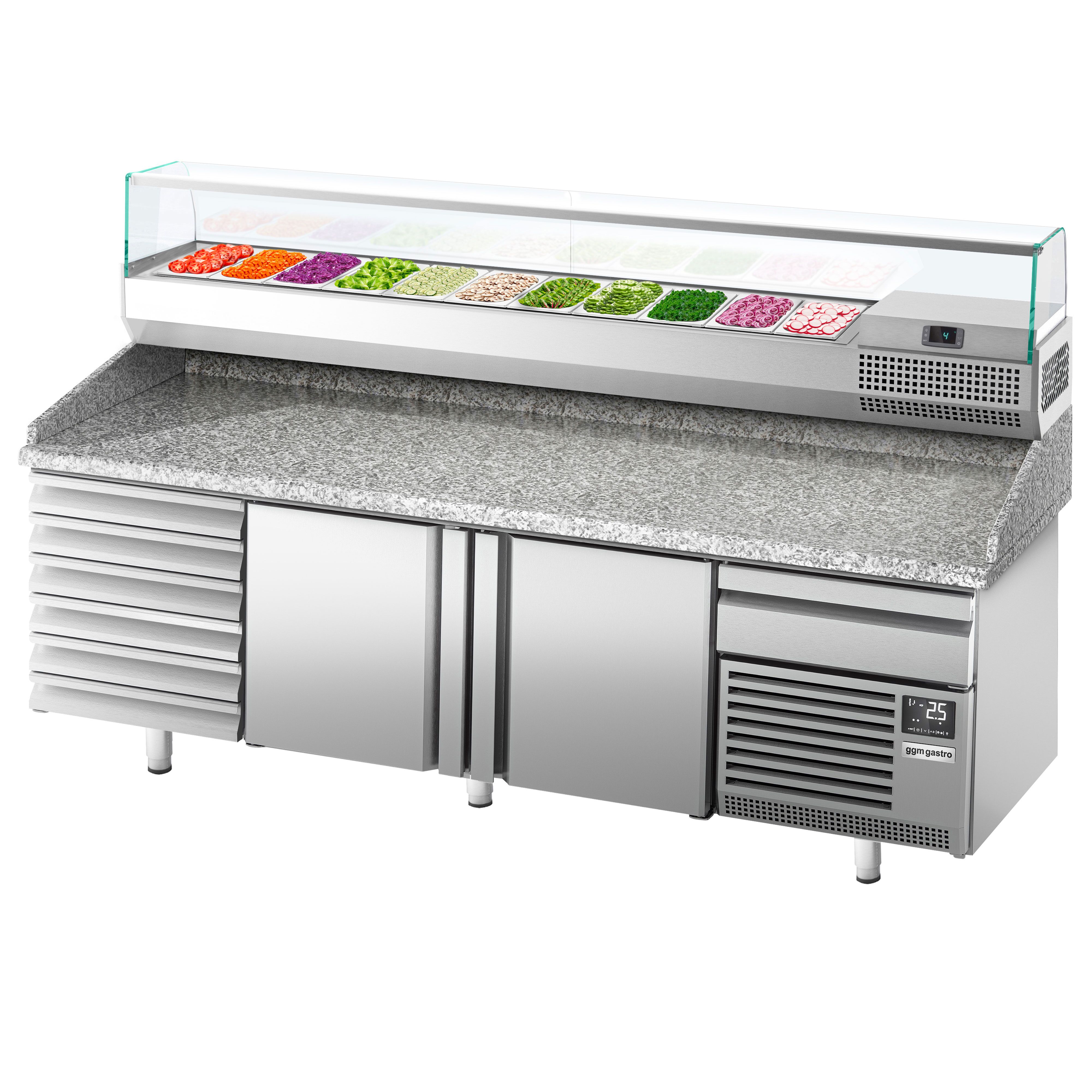 Table réfrigérée à pizza Premium PLUS - 2305x800 mm - avec 2 portes & 7 tiroirs - incl. vitrine réfrigérée pour ingrédients - 11 bacs GN 1/4