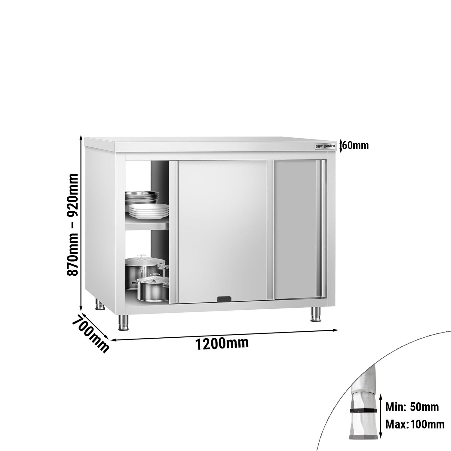 Table armoire en acier inoxydable PREMIUM - 1200x700mm - avec portes coulissantes et étagère basse - avec passe-plats