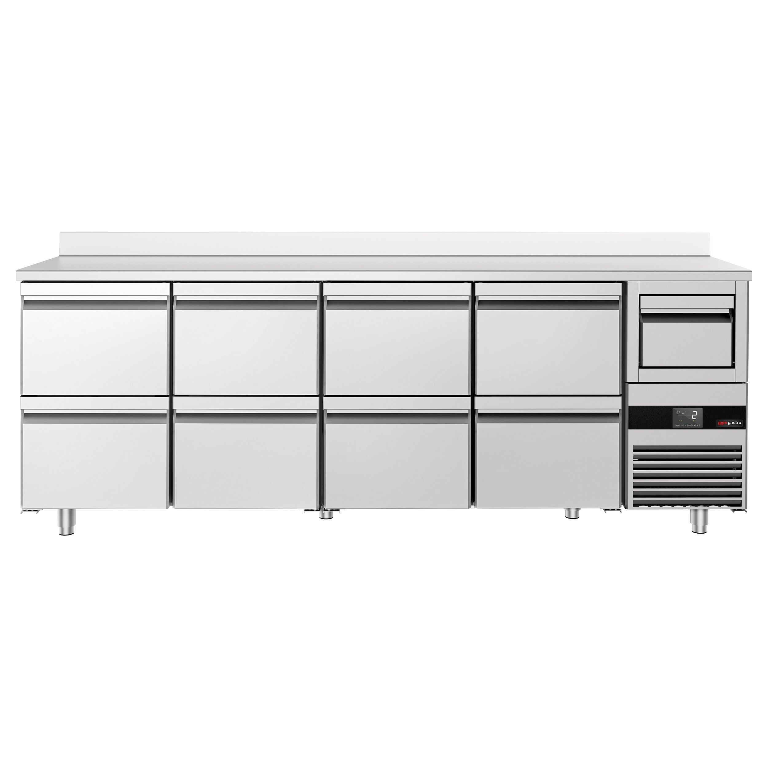 Arrière-bar réfrigéré professionnel PREMIUM - 2690x600 mm - avec 8 tiroirs 1/2, dosseret & bac à marc pour café