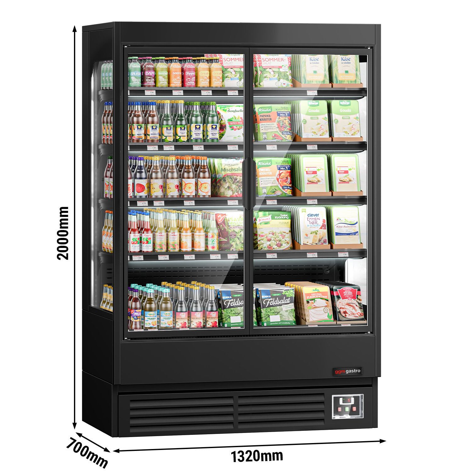 Vitrine murale réfrigérée - 1320mm - 595L - avec 2 portes battantes vitrées & 4 étagères - Noir