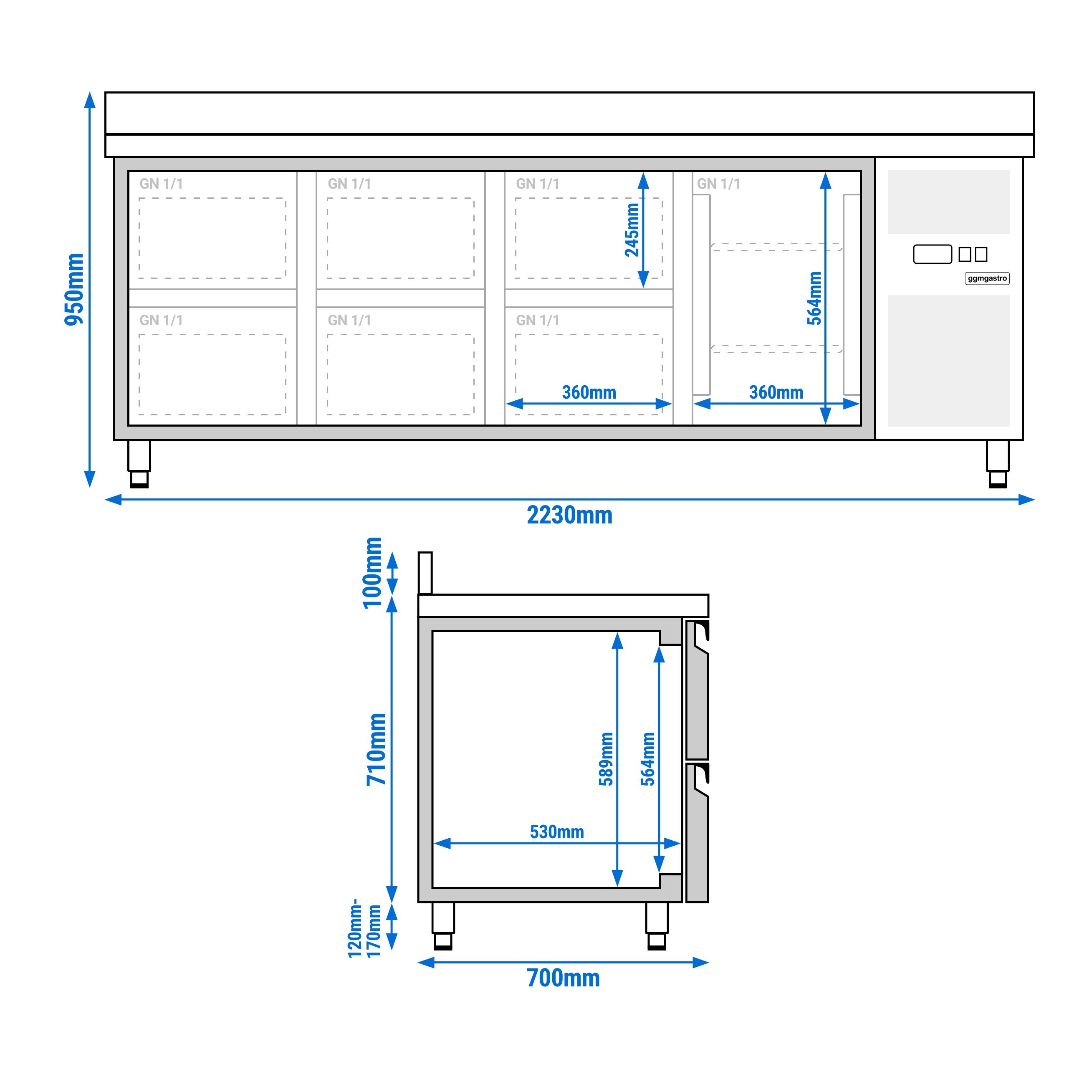 Table réfrigérée ECO - 2230 x 700 mm - avec 1 porte - 6 tiroirs - dosseret