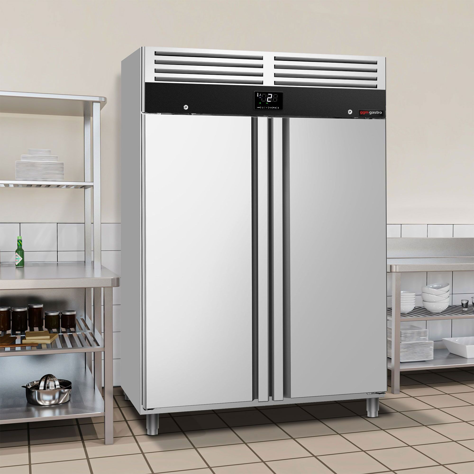 Armoire réfrigérée positive Inox AISI 304 PREMIUM - GN 2/1 - 1200 L - avec 2 portes & 8 grilles