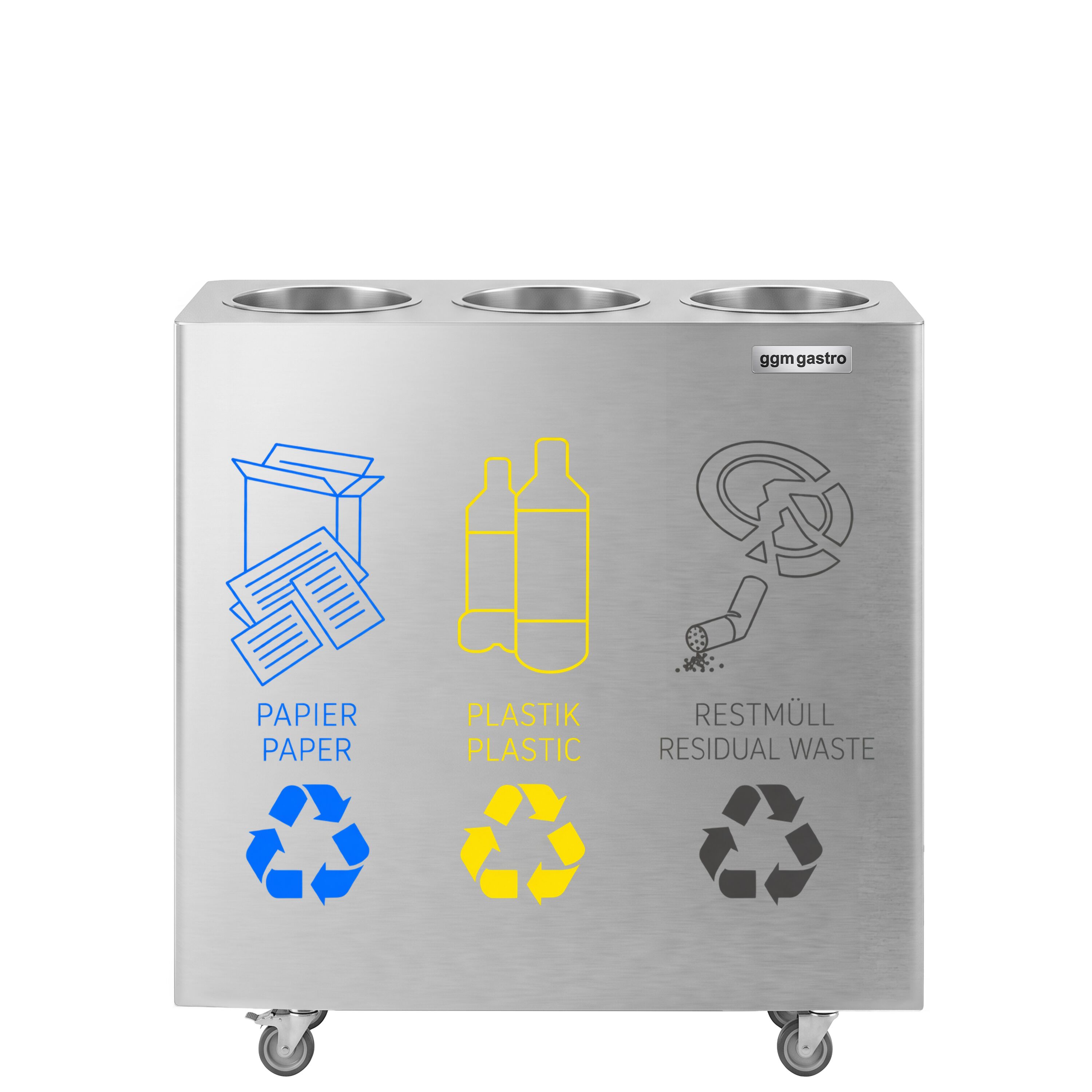 Waste sorting system – 3 bins, 30 litres each – stainless steel – with 4 castors