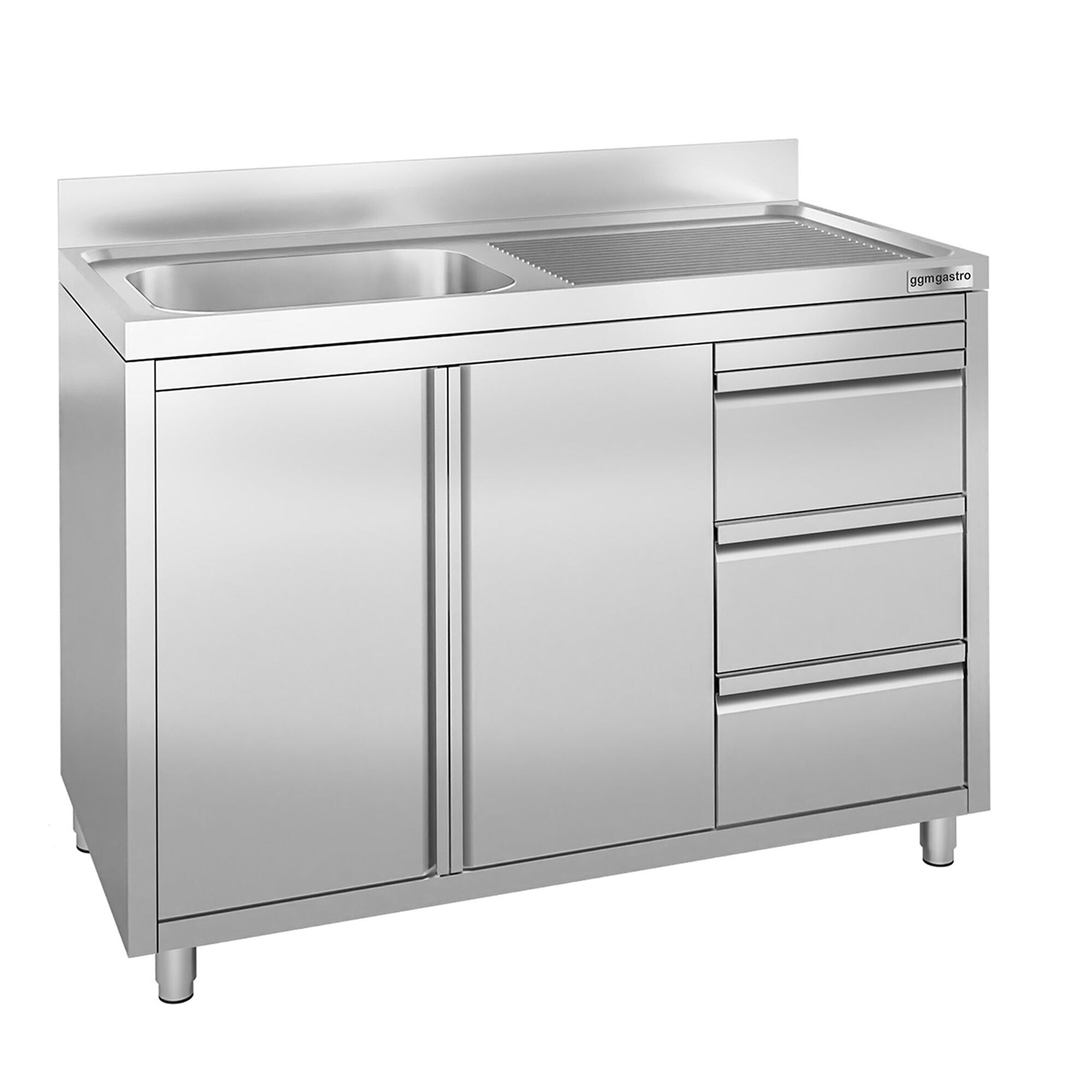 Commercial Sink Cabinet - Stainless Steel - 1200x700 - 3 Drawers - 1 Bowl Left