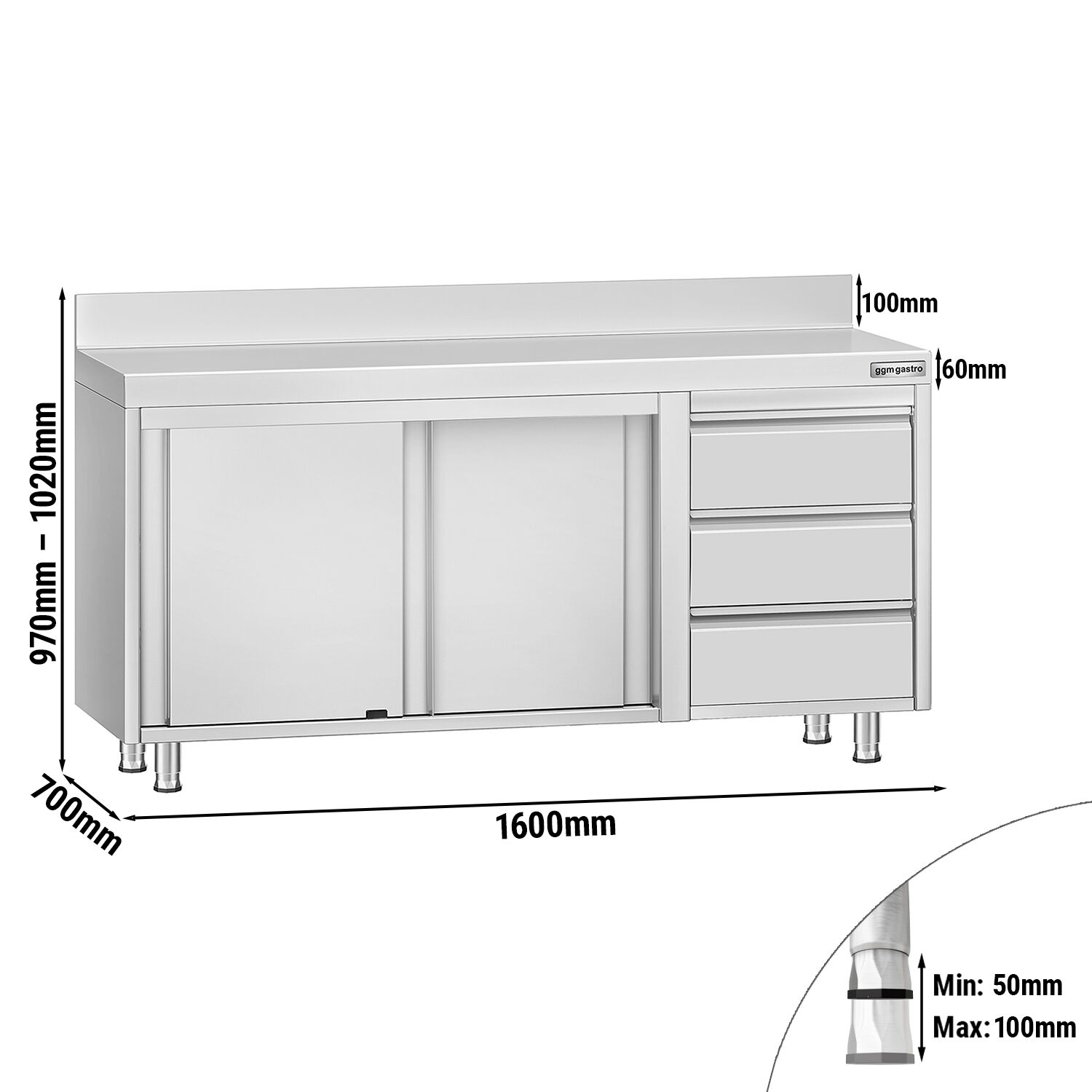 Table armoire en acier inoxydable ECO - 1600x700mm - avec 3 tiroirs à droite et portes coulissantes - avec dosseret