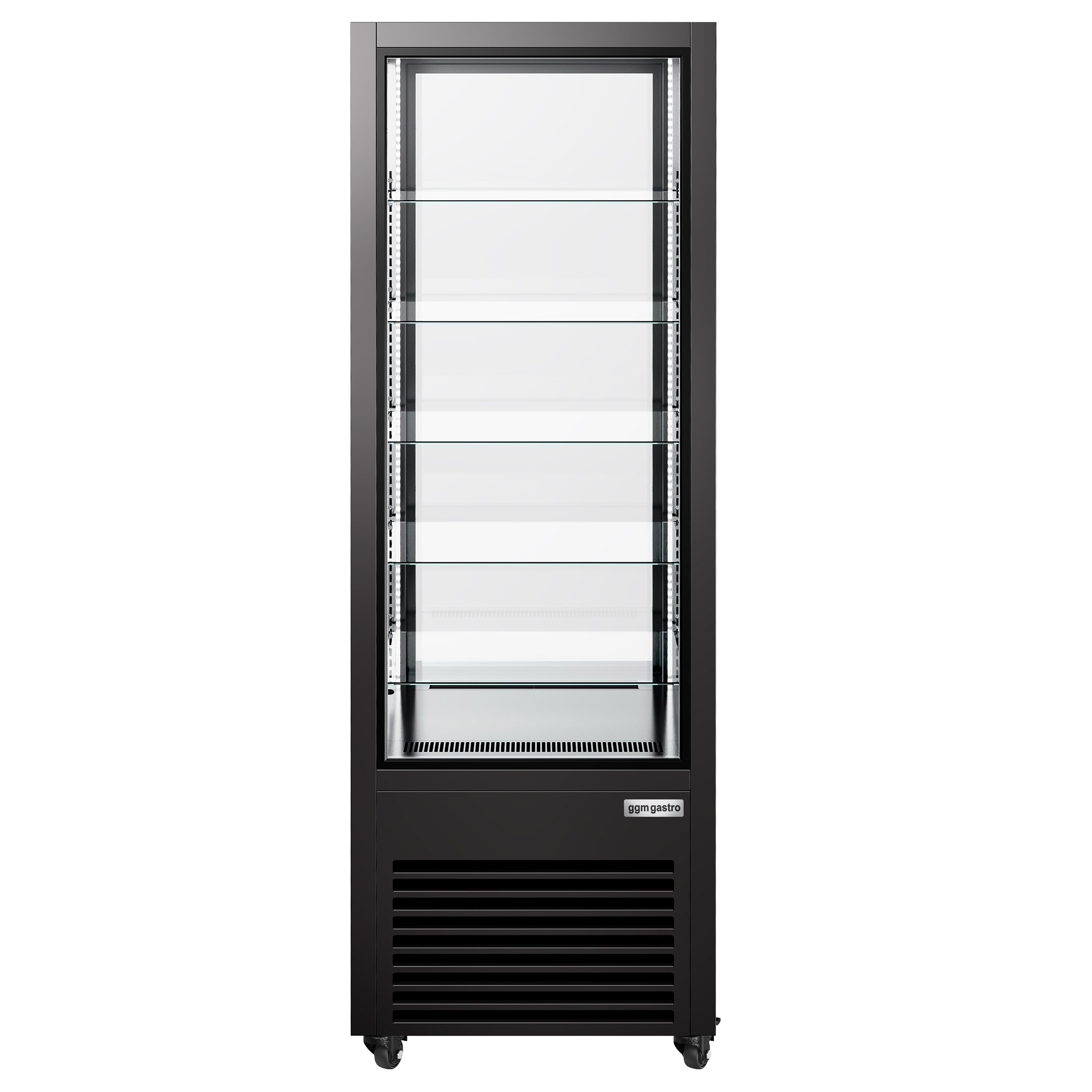 Vitrine réfrigérée 4 faces vitrées / Vitrine panoramique – 440 litres – 1 porte en verre – 5 étagères – Noir