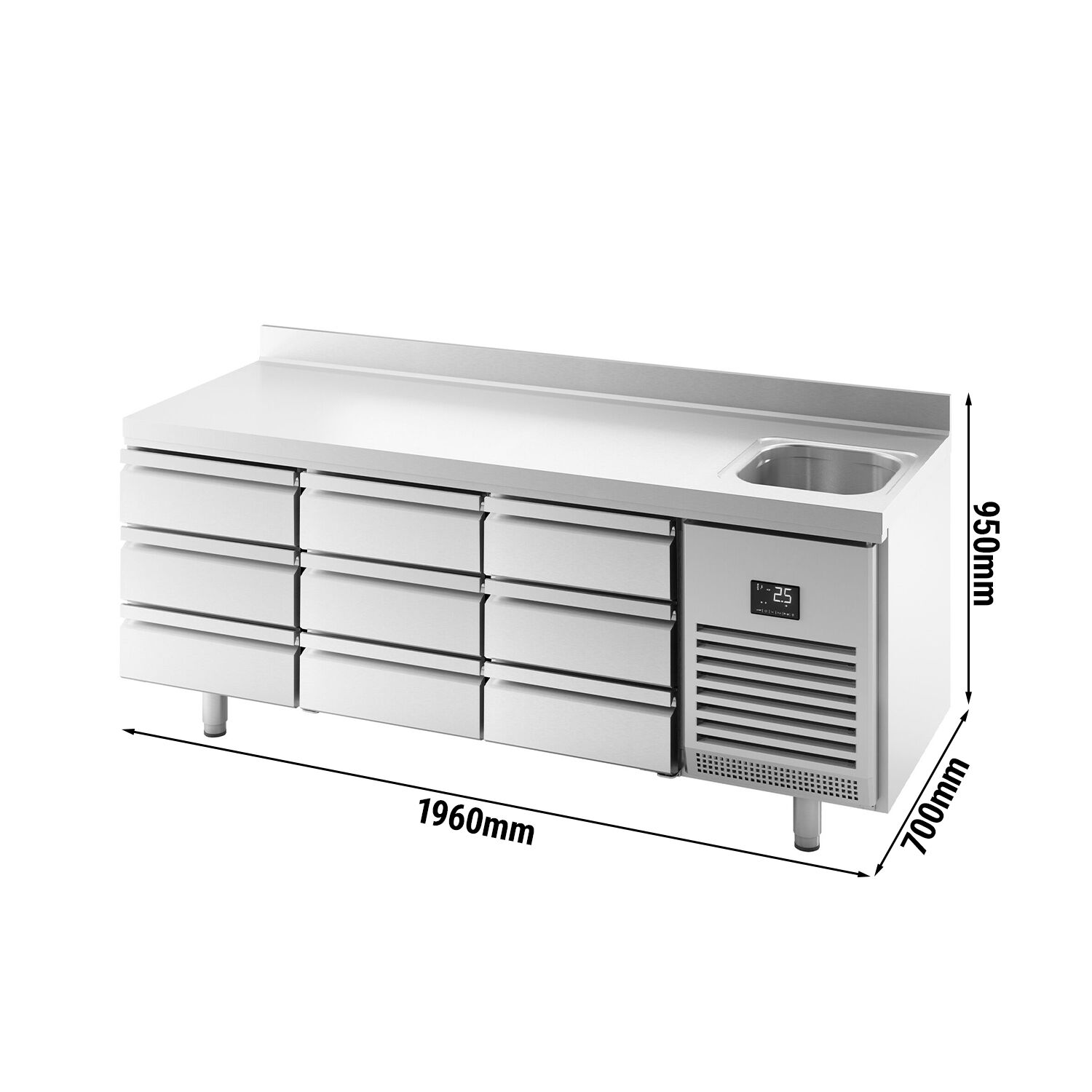 Kühltisch Premium PLUS - 1960x700mm - mit 1 Becken, 9 Schubladen - Aufkantung