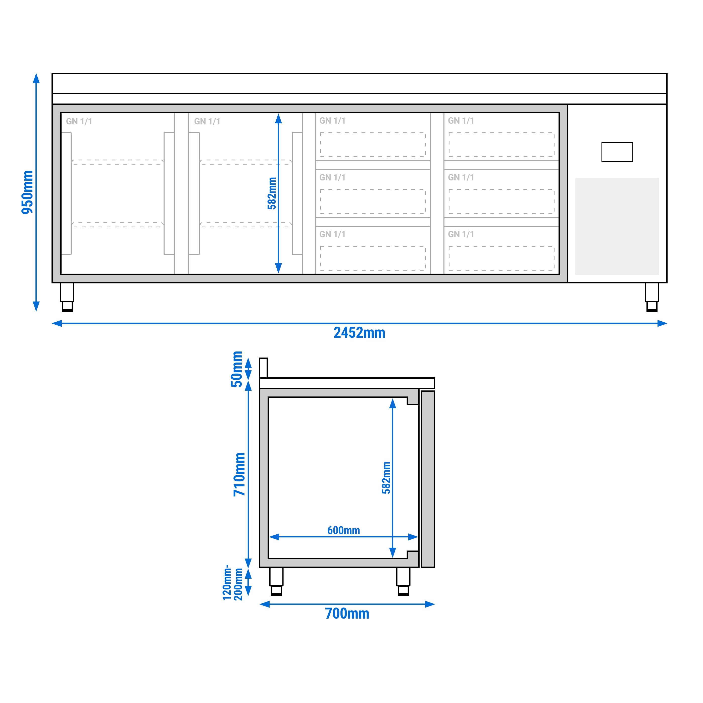Table réfrigérée Premium PLUS - 2452x700 mm - avec 2 portes - 6 tiroirs - avec dosseret