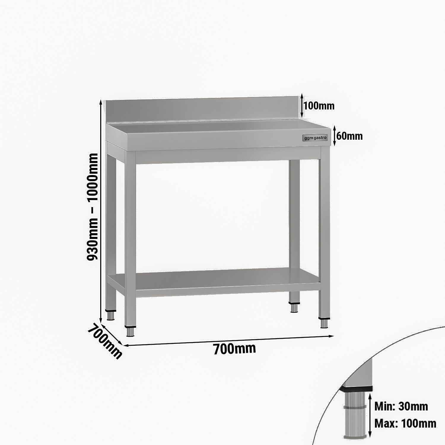 Table de travail en inox ECO – 700 × 700 mm – avec tablette inférieure & dosseret