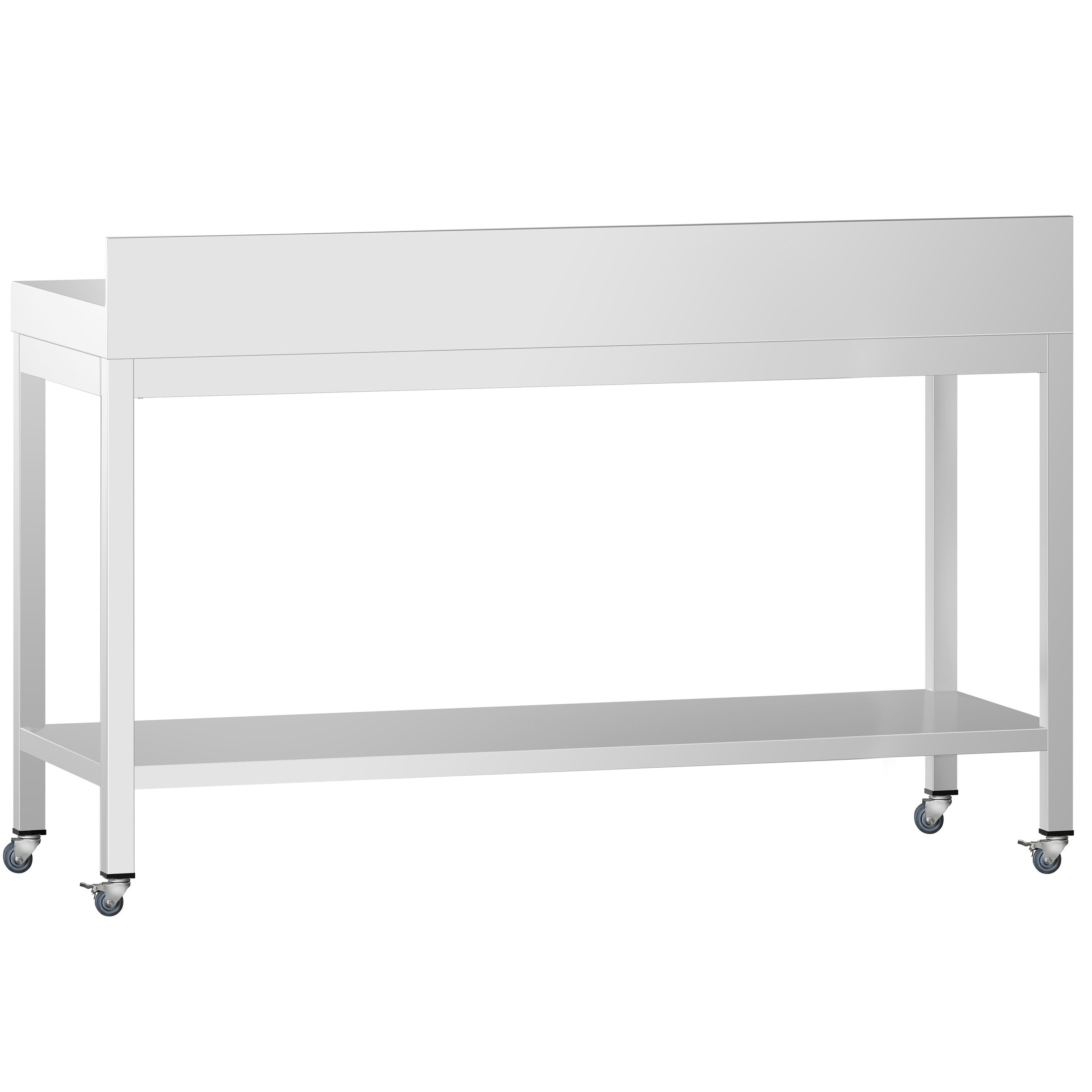 Table de travail en inox PREMIUM - 1600 x 600 mm - avec tablette inférieure, dosseret et roulettes