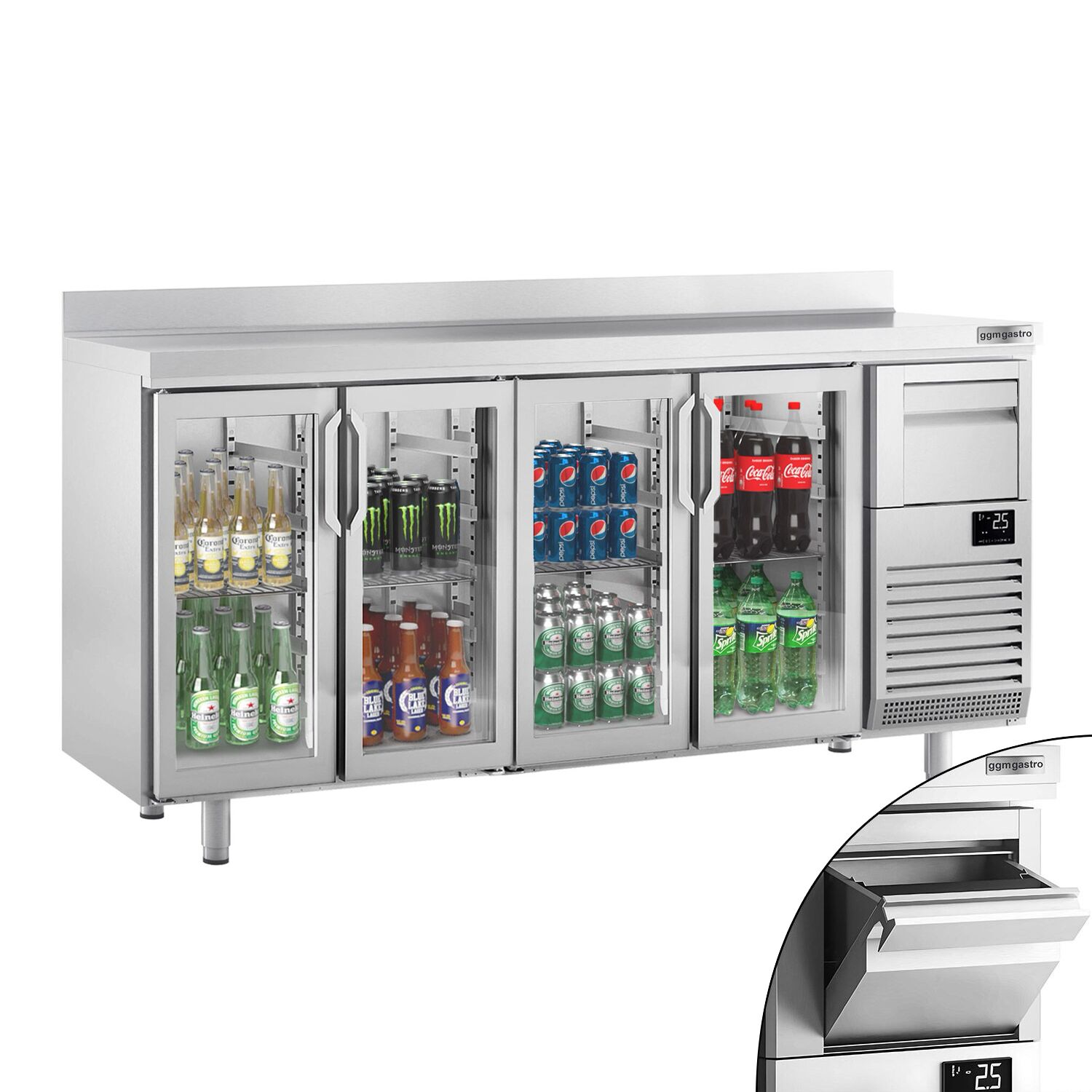 Commercial Back Bar Bottle Cooler PREMIUM PLUS - 2452x600x1150mm - with 4 Hinged Glass Doors, upstand & knock box for coffee - 690L