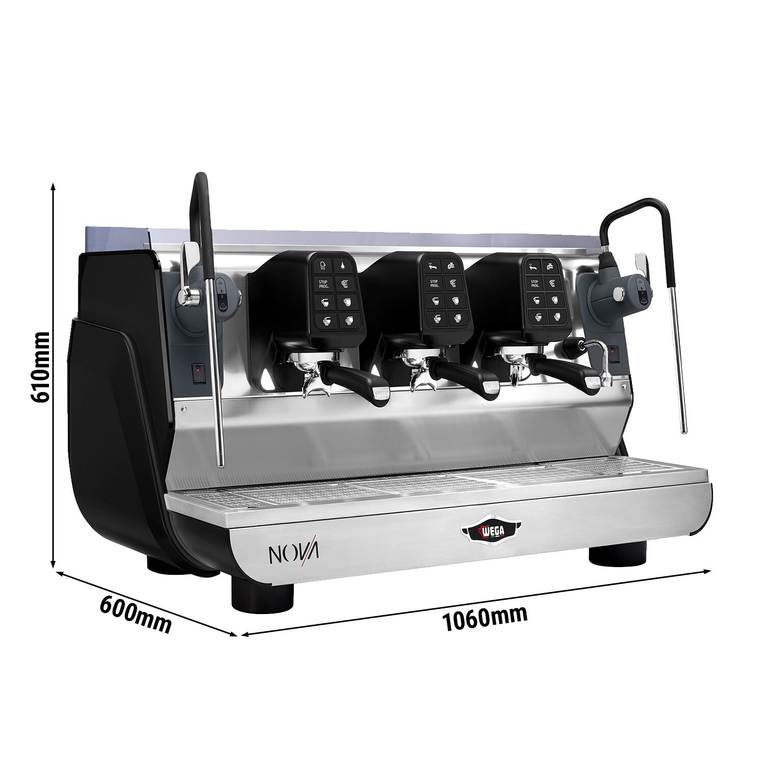 WEGA | Nova - Espressor - 3 grupuri - 5,7 kW - cu 2 spumante de lapte și apă fierbinte - Touch - Negru