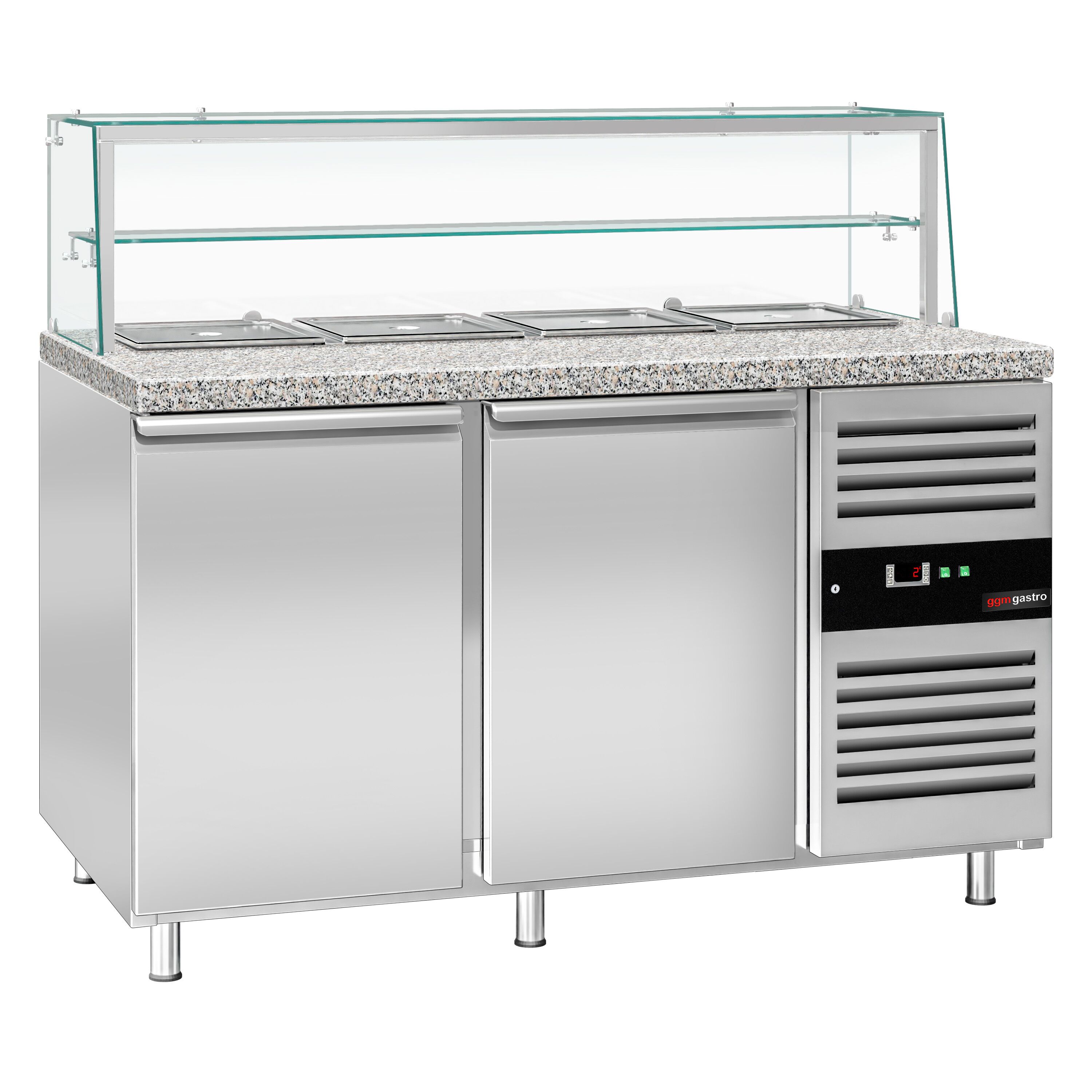 Saladette réfrigérée PREMIUM - 1515mm - 390L - 2 portes - avec vitrine de comptoir pour 4x GN 1/1 & 1 étagère - plan de travail en granit noir