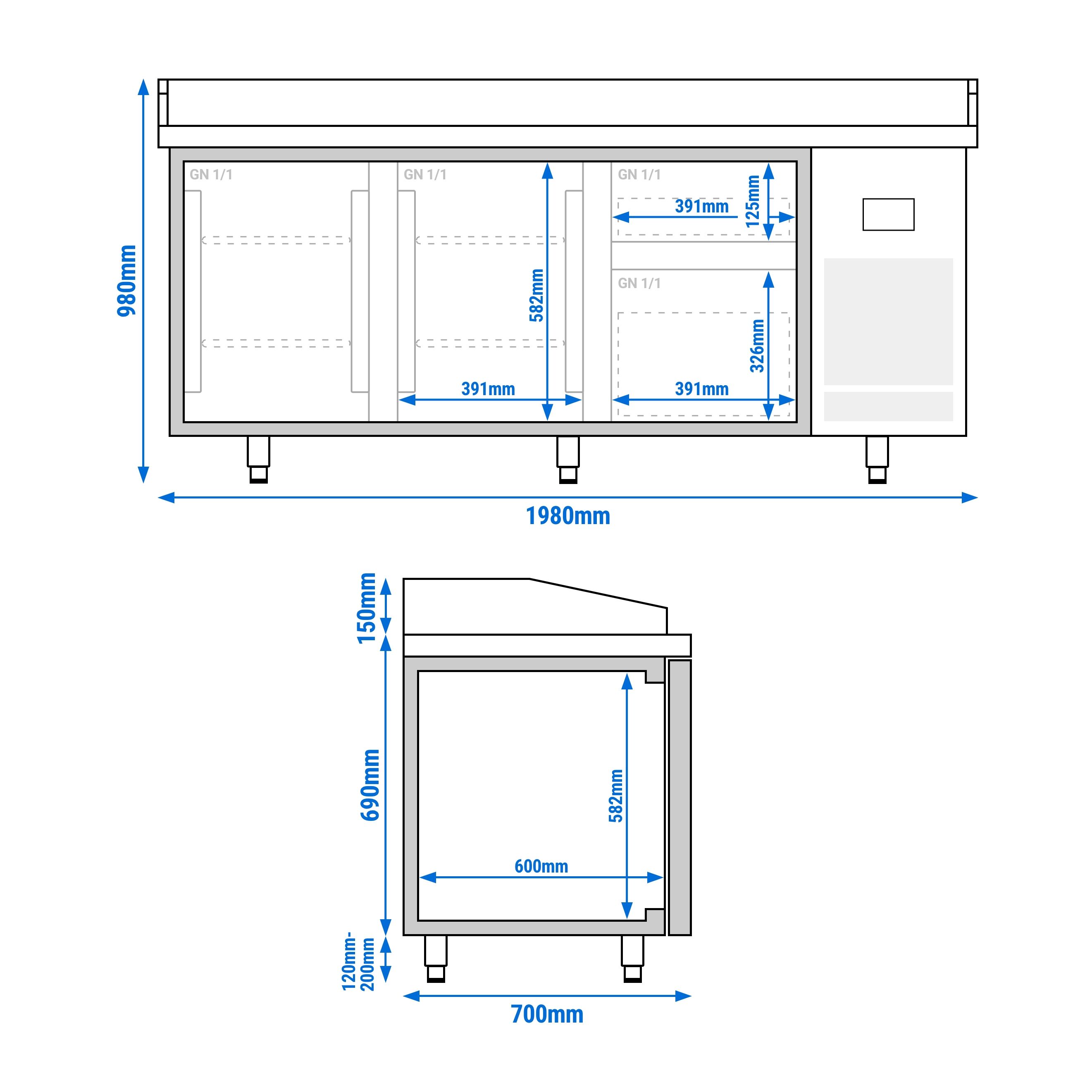 Commercial Pizza Prep Counter - Granite Top PREMIUM PLUS - 1980x700mm - with 2 doors & 2 drawers