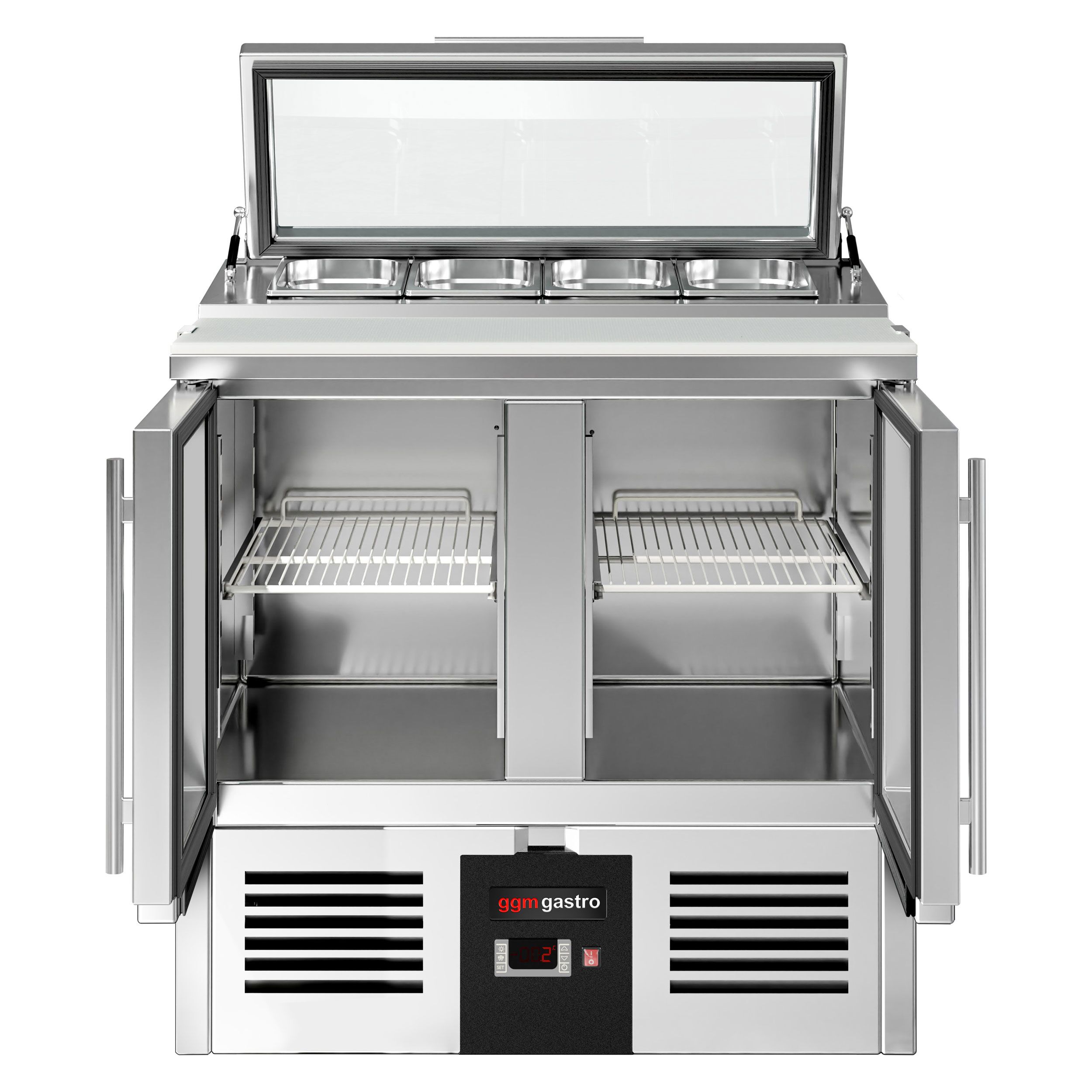 Saladette réfrigérée PREMIUM - 900mm - 159L - 2 portes vitrées - avec découpe pour 4x GN 1/3 & Couvercle verre