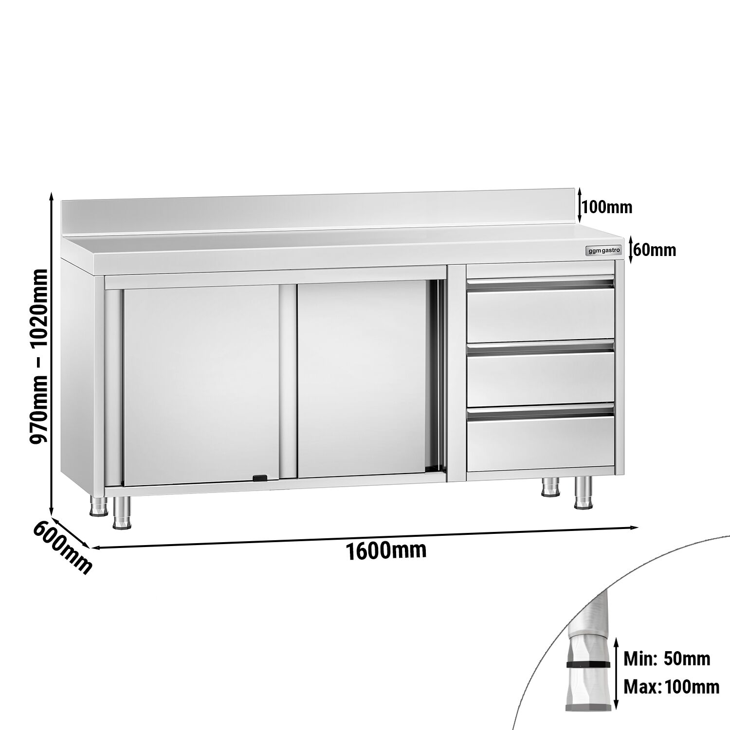 Table armoire en acier inoxydable PREMIUM - 1600x600mm - avec 3 tiroirs à droite et portes coulissantes - avec dosseret