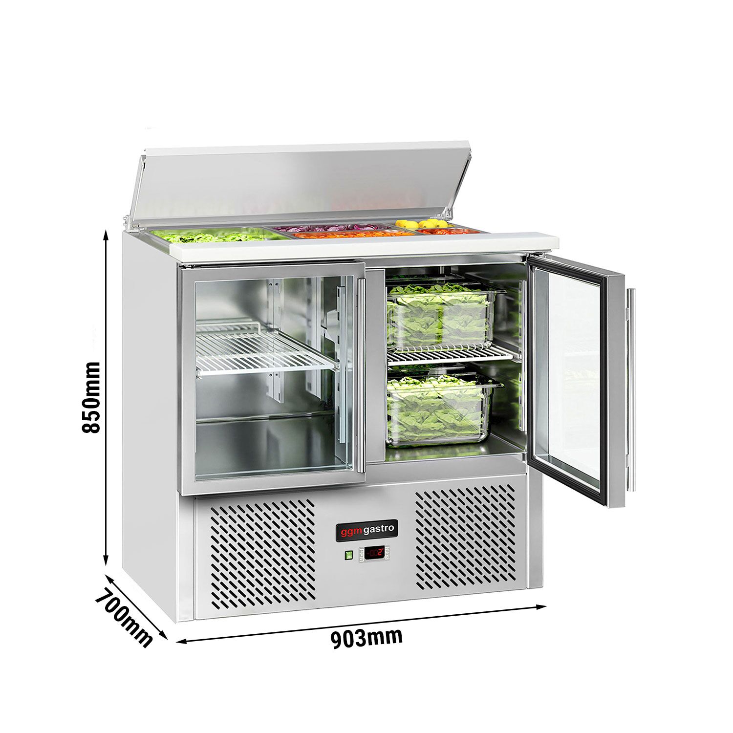 Saladette réfrigérée ECO - 903mm - 240L - 2 portes vitrées - avec découpe pour 2x GN 1/1 & 3x GN 1/6 & Couvercle inox