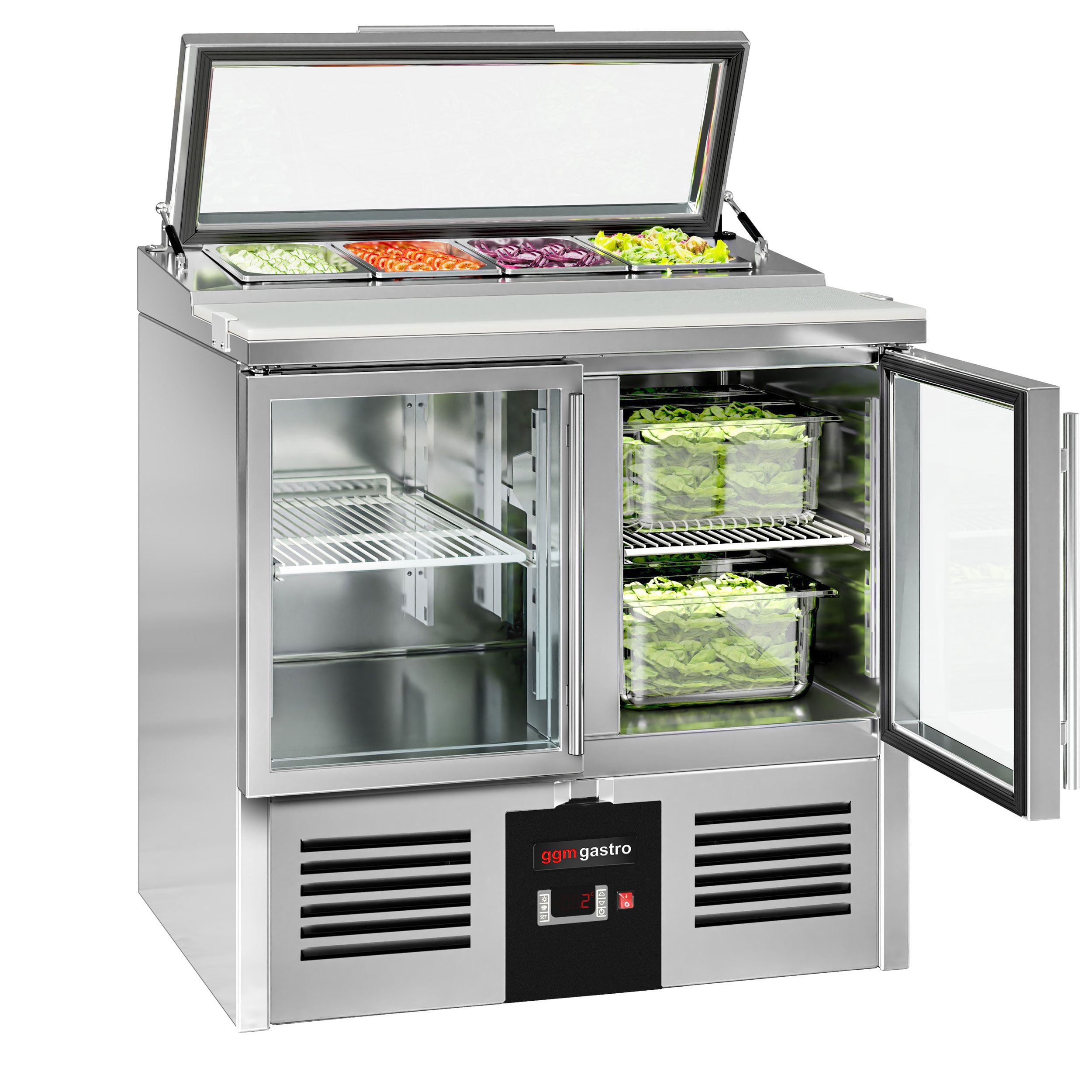 Saladette réfrigérée PREMIUM - 900mm - 159L - 2 portes vitrées - avec découpe pour 4x GN 1/3 & Couvercle verre