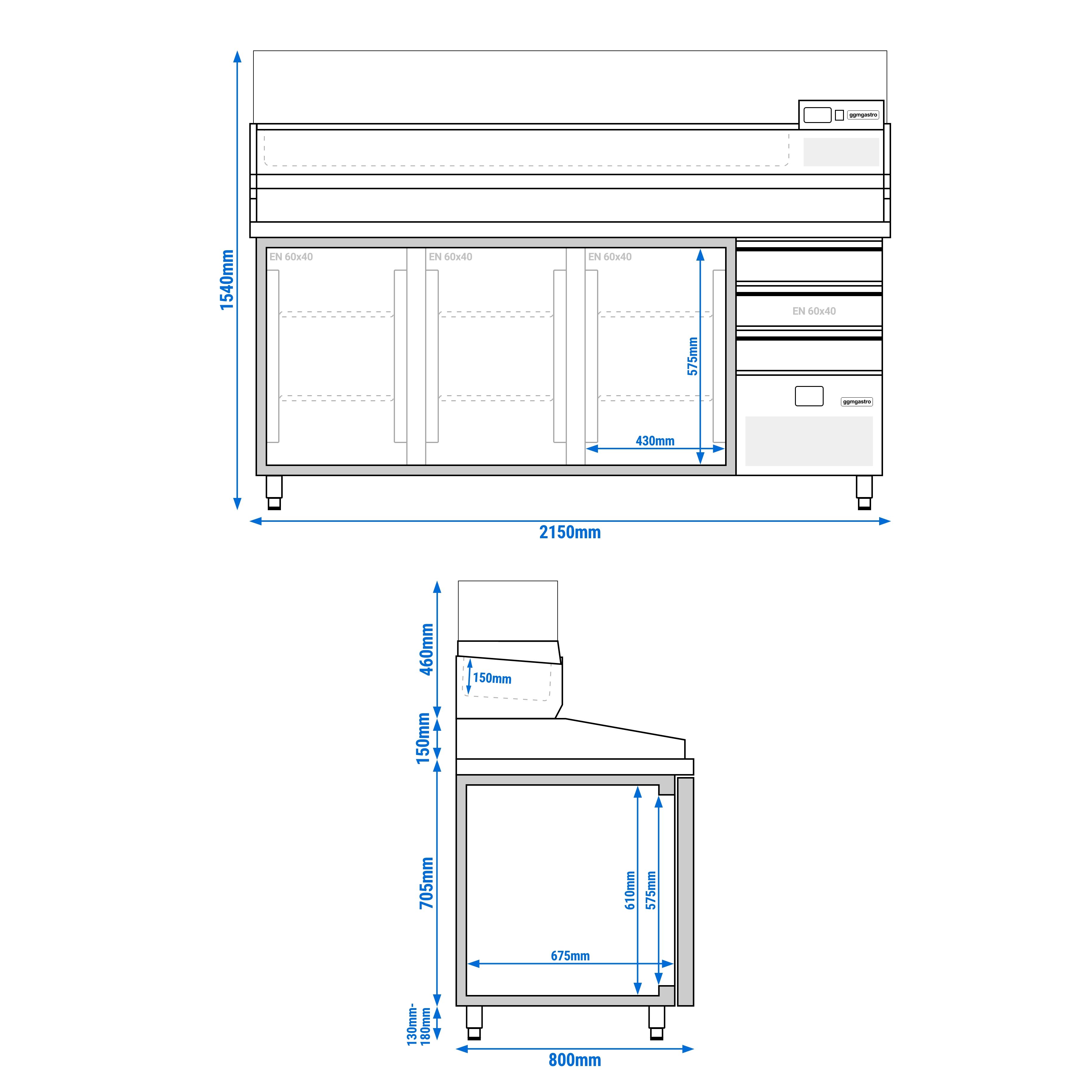 Table réfrigérée à pizza PREMIUM - 2150x800 mm - avec 3 portes & 3 tiroirs - incl. vitrine réfrigérée - 10x GN 1/3