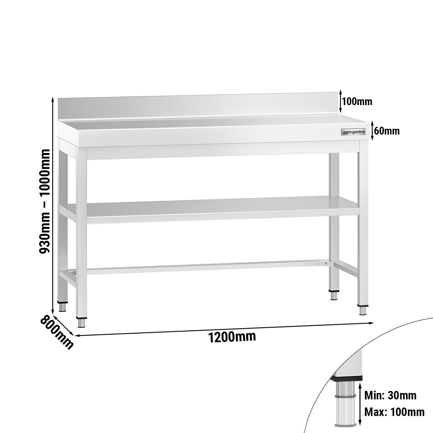 Table de travail inox PREMIUM - 1200 x 800 mm - avec tablette inférieure, Dosseret & Renforts