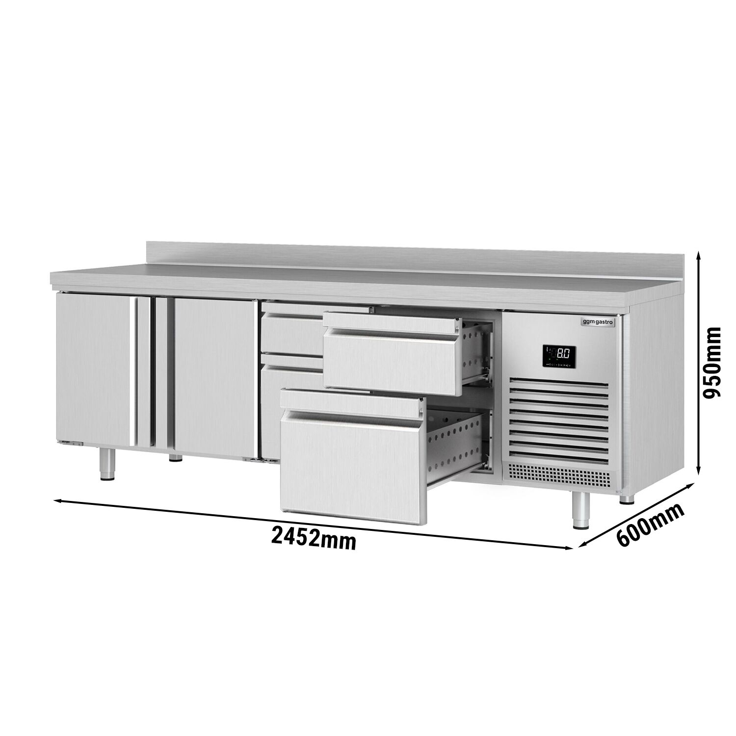 Table réfrigérée Premium PLUS - 2452x600 mm - avec 2 portes - 4 tiroirs - avec dosseret