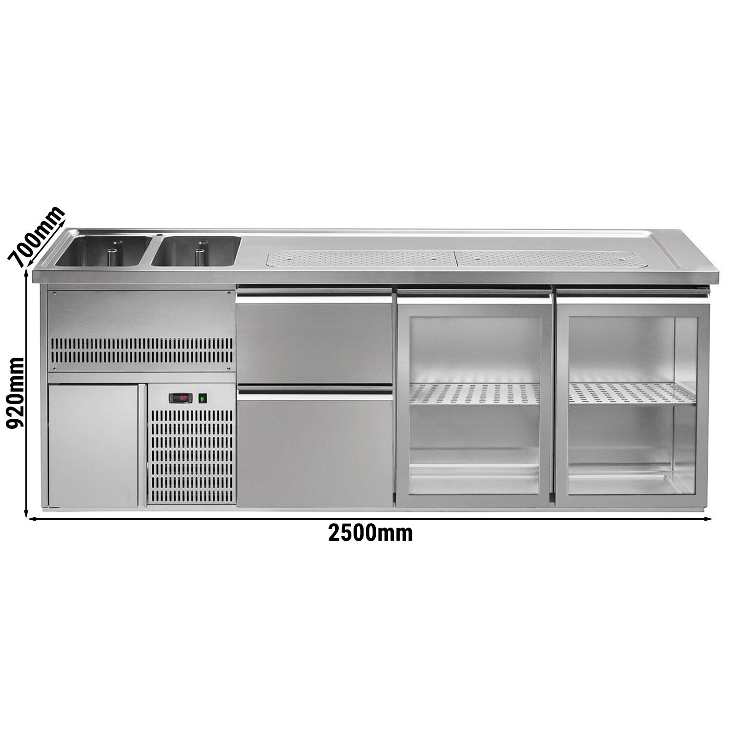 Comptoir de bar réfrigéré Premium PLUS - 2500x700mm - 2 portes vitrées & 2 tiroirs