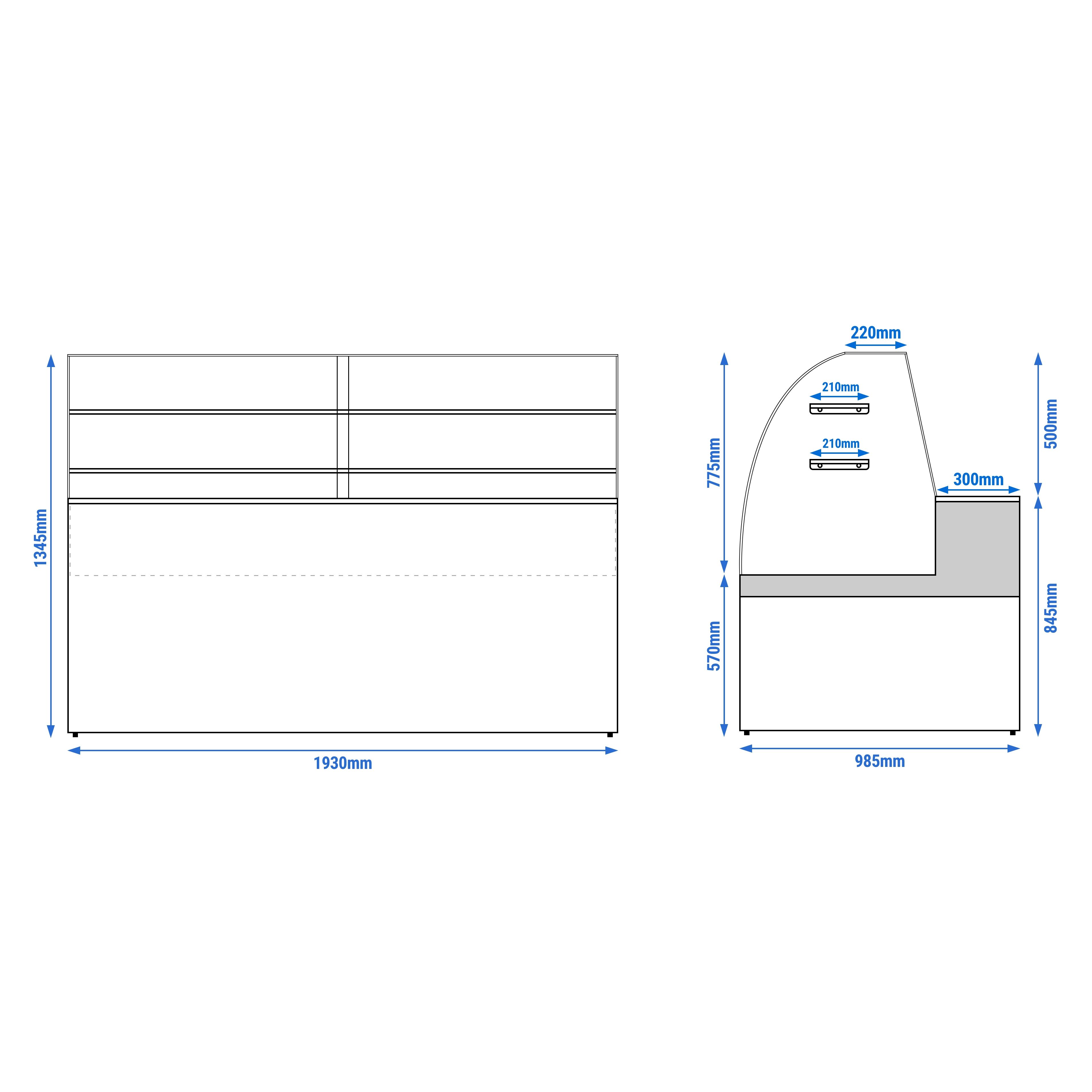 Comptoir vitrine réfrigérée - 1935x985mm - +4/+8°C - 327L - 3 portes - Éclairage LED
