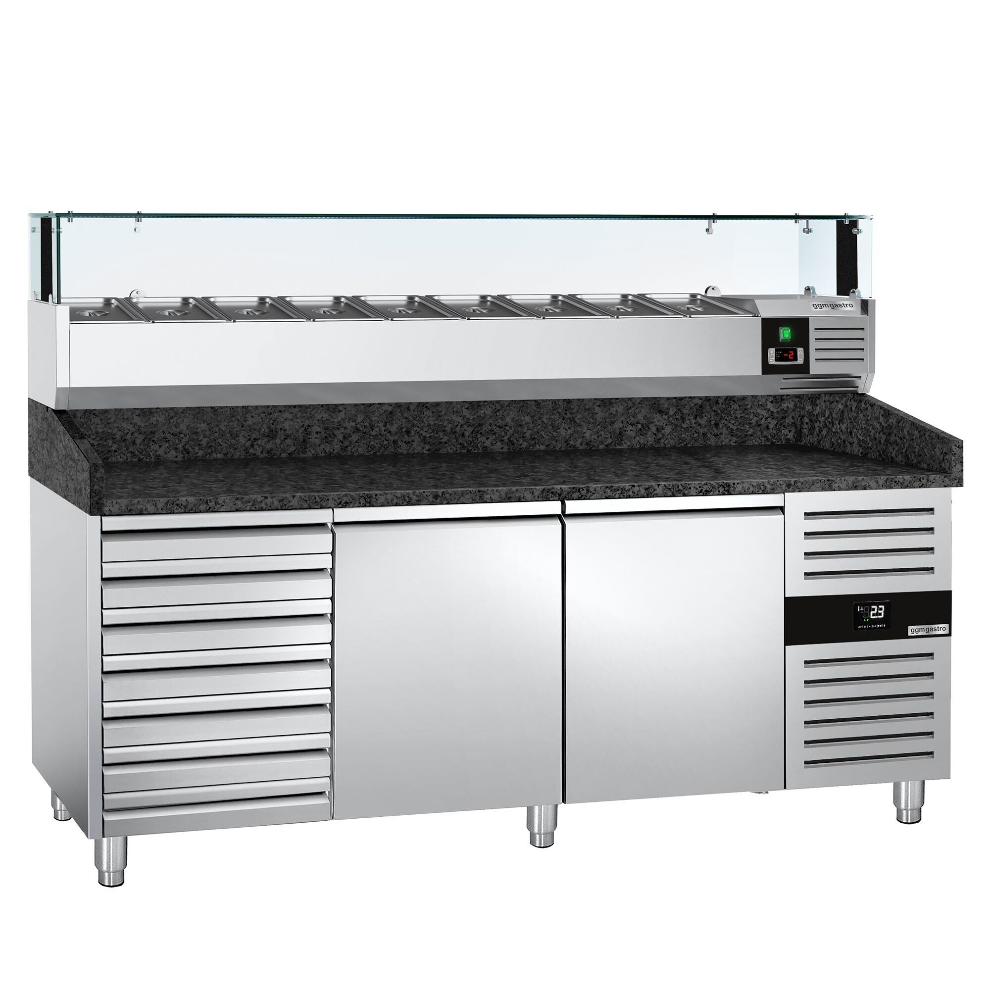 Table réfrigérée à pizza PREMIUM - 2000x800 mm - avec 2 portes & 7 tiroirs - incl. vitrine réfrigérée LED - 9x GN 1/3
