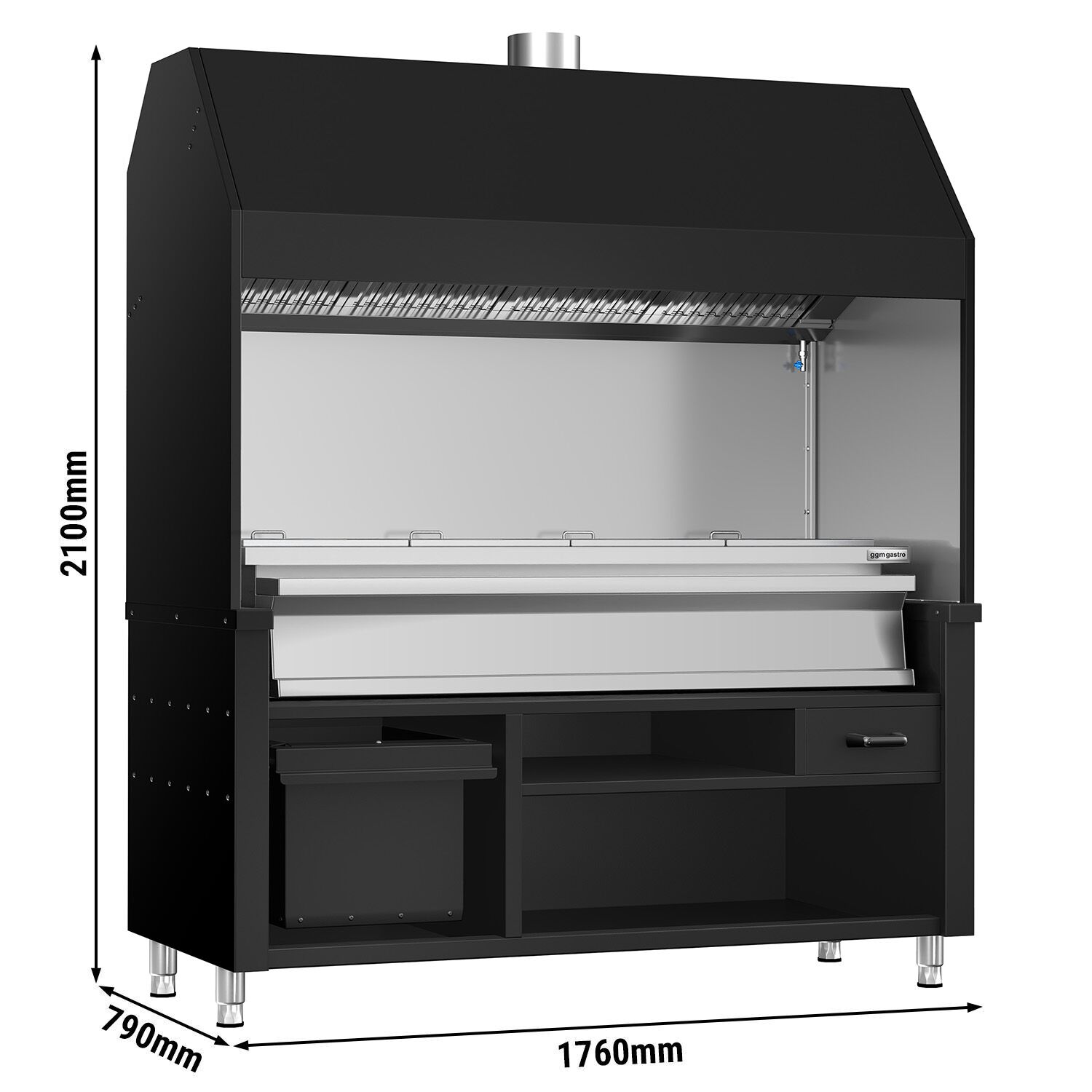 Charcoal Grill - 1760mm - Black - 8 grill grates