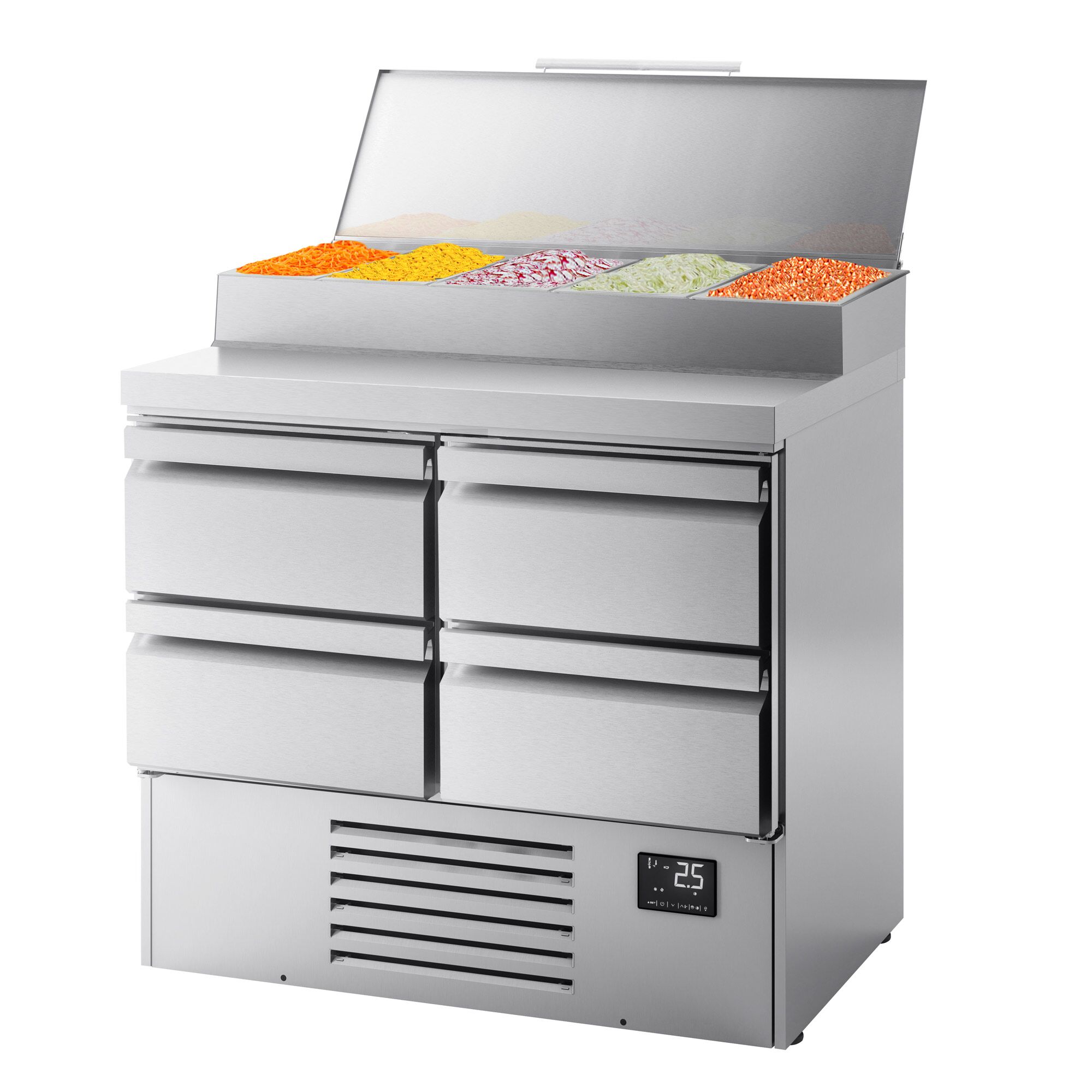 Table réfrigérée de préparation Mini - 978 x 700 mm - avec 4 tiroirs - avec superstructure en inox 5 x GN 1/4