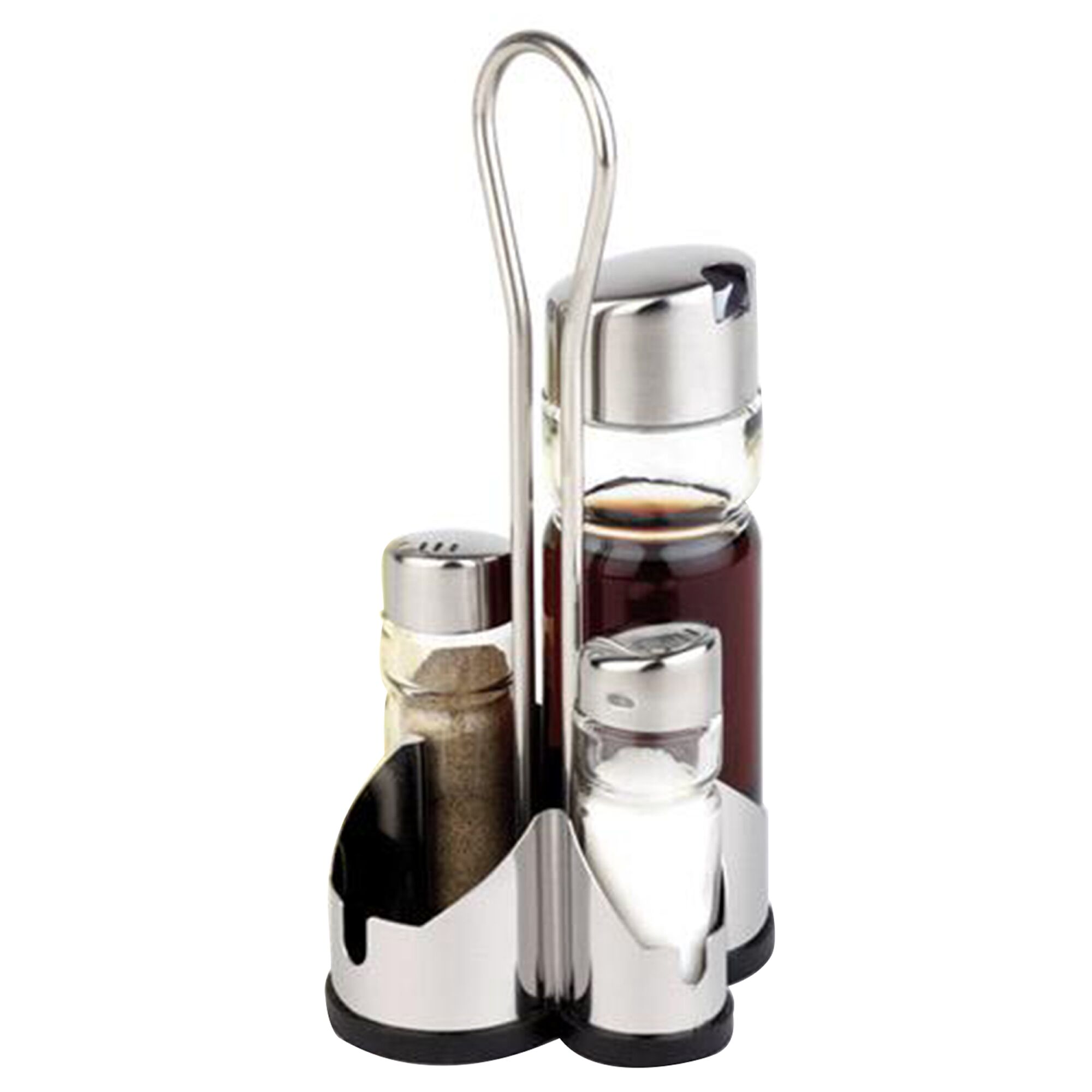 (6 pcs) Complete Cruet Set ECONOMIC - 4-piece - Stainless steel stand - Glass; Stainless steel lids - with pourer spout included; drip-free - incl. 2 oil & vinegar bottles; 2 salt & pepper shakers; stand