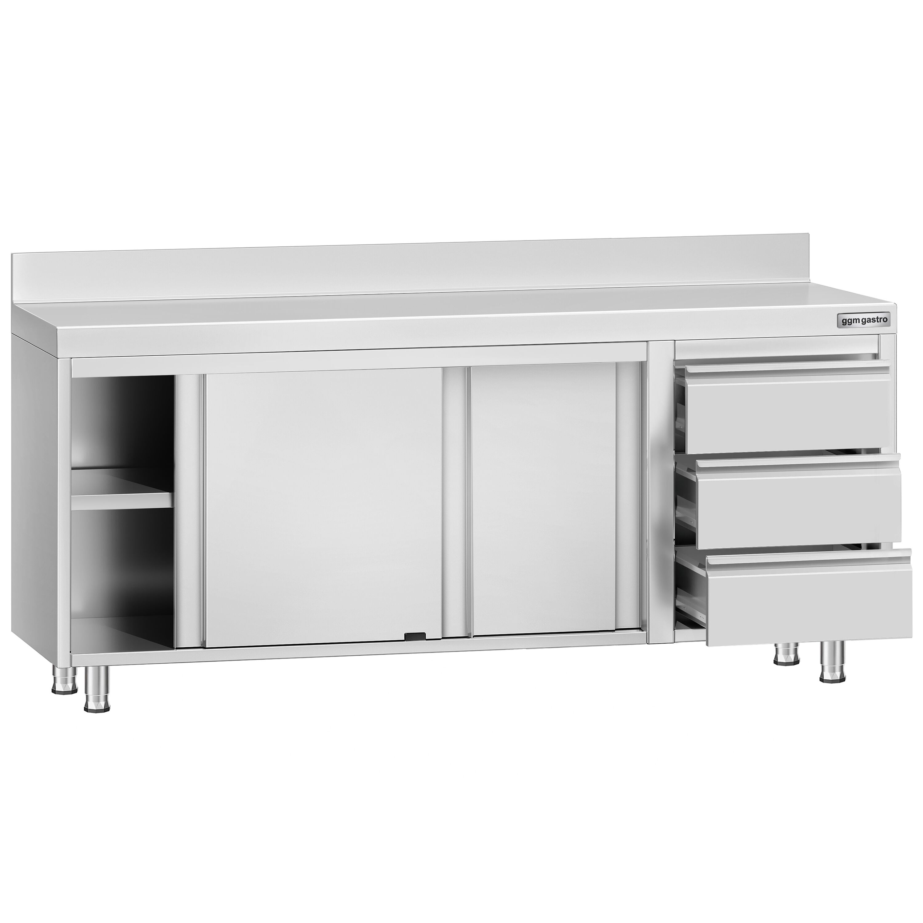 Table armoire en acier inoxydable ECO - 2000x600mm - avec portes coulissantes, 3 tiroirs à droite et étagère basse - avec dosseret