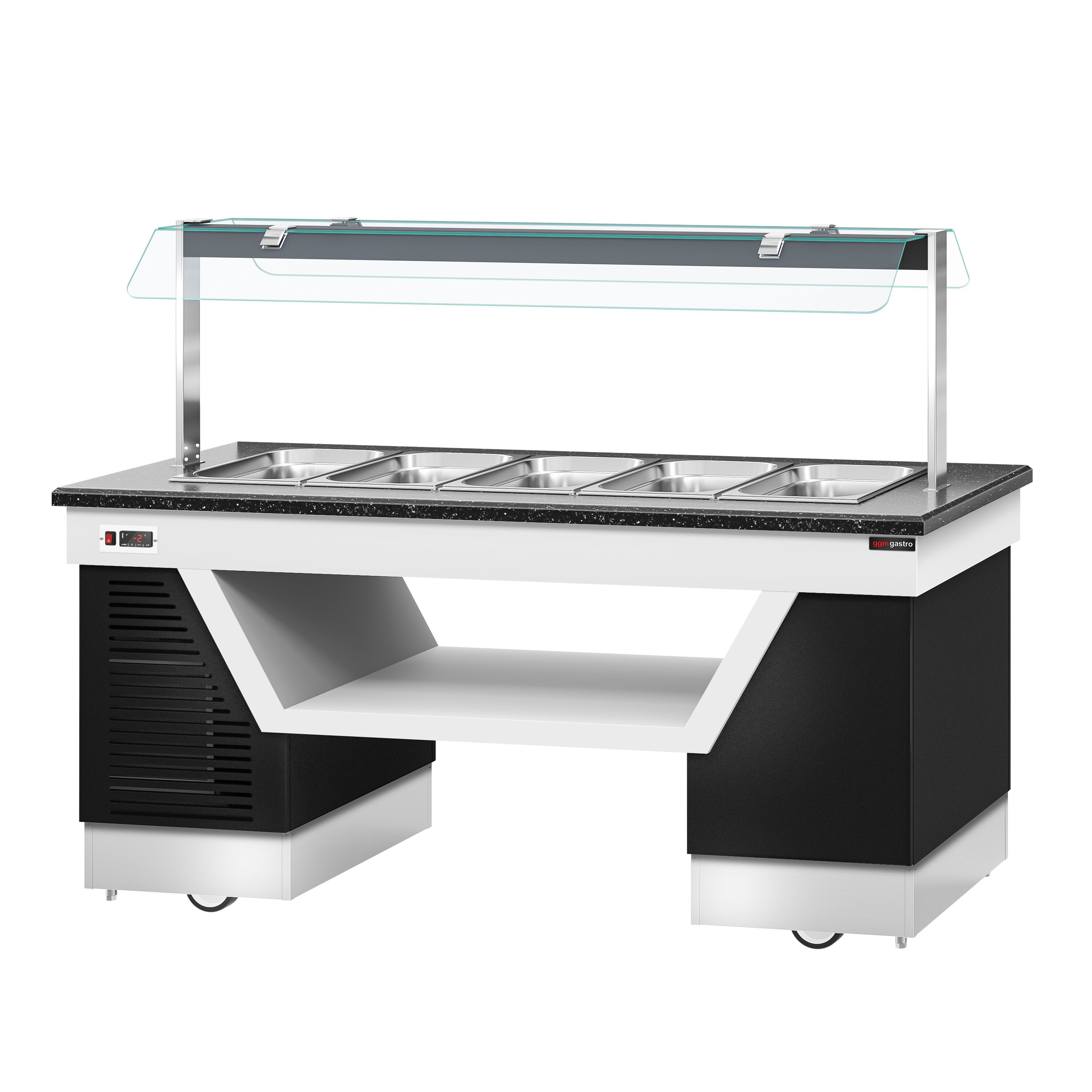 Refrigerated Buffet Display BELFAST - 2000mm - with Refrigerated Well + Flat Glass Sneeze Guard - on Castors - for 5x GN 1/1 - Black