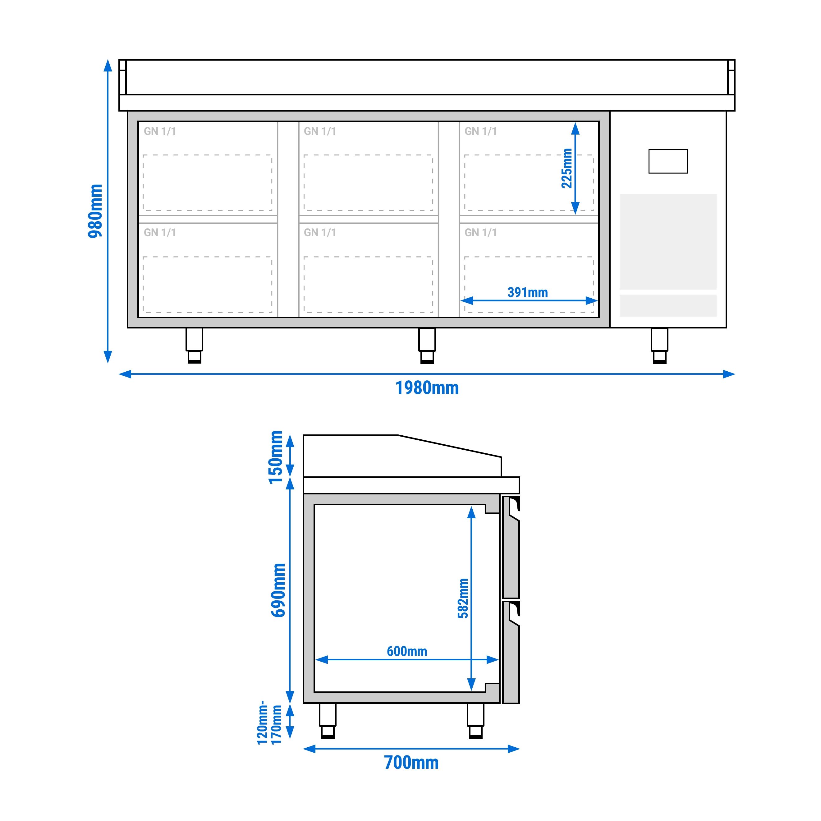 Commercial Pizza Prep Counter - Granite Top PREMIUM PLUS - 1980x700mm - with 0 doors & 6 dough drawers