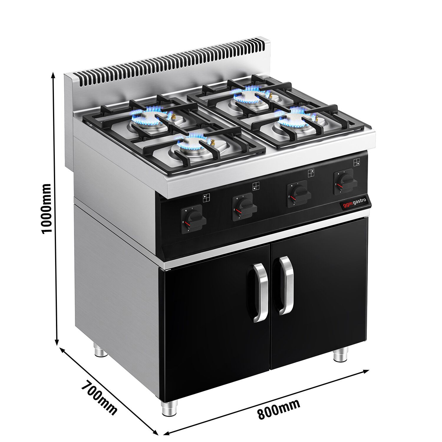Fourneau à gaz – 23 kW – 4 brûleurs – avec soubassement avec 2 portes