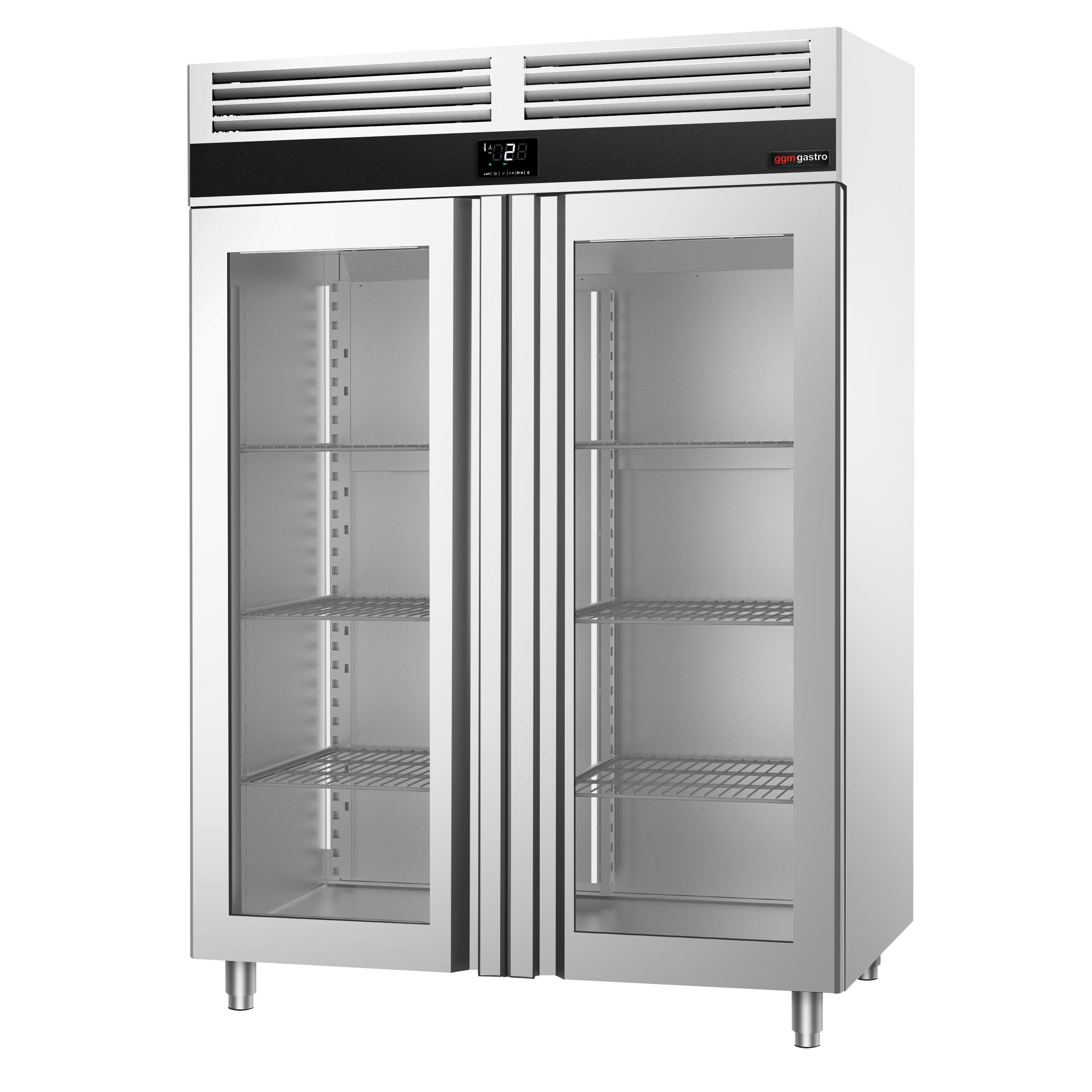 Armoire réfrigérée vitrée positive en acier inoxydable AISI 304 PREMIUM - GN 2/1 - 1400 L - avec 2 portes vitrées & Glissières GN & 6 grilles