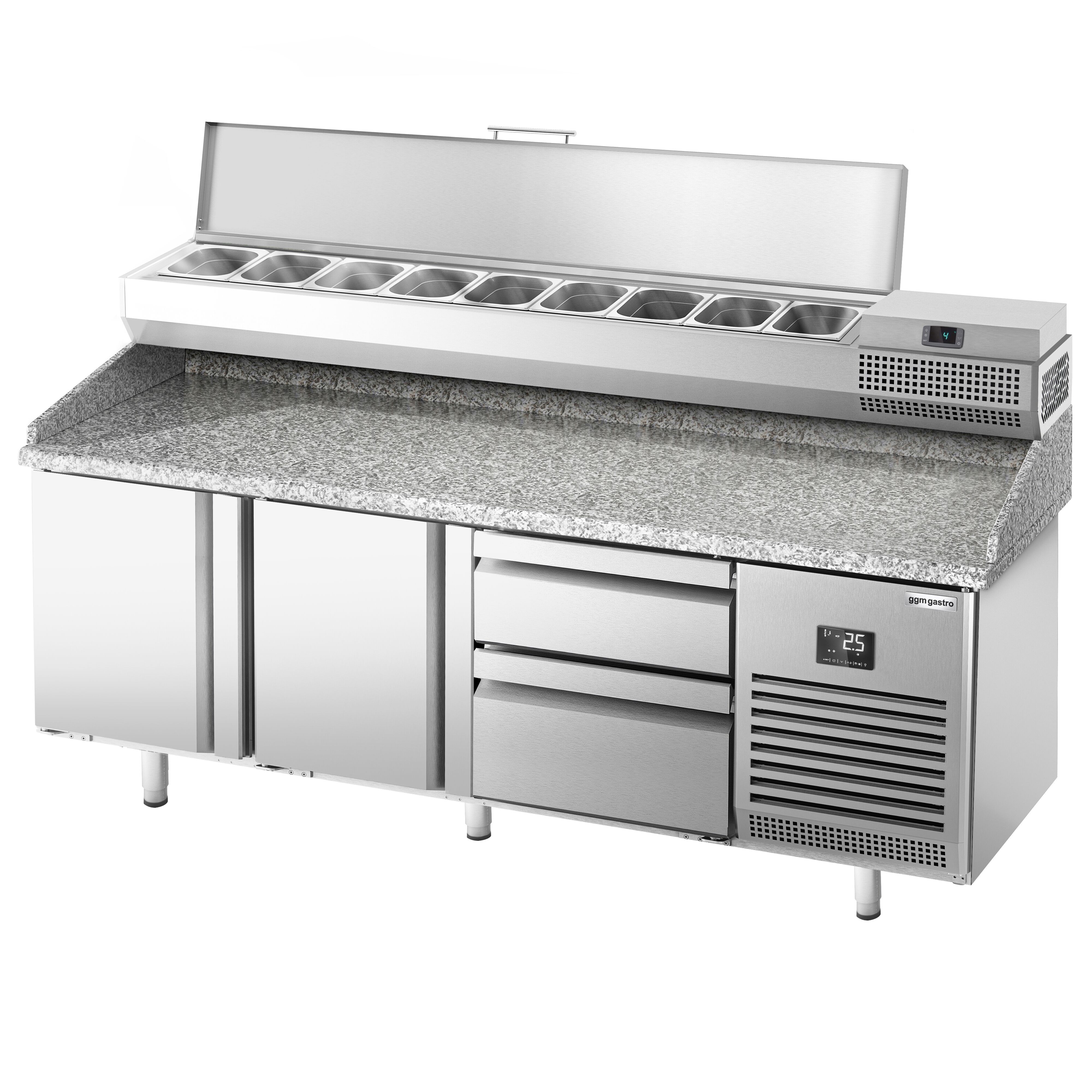 Table réfrigérée à pizza Premium PLUS - 1980x700 mm - avec 2 portes & 2 tiroirs - incl. vitrine réfrigérée - 9x GN 1/4