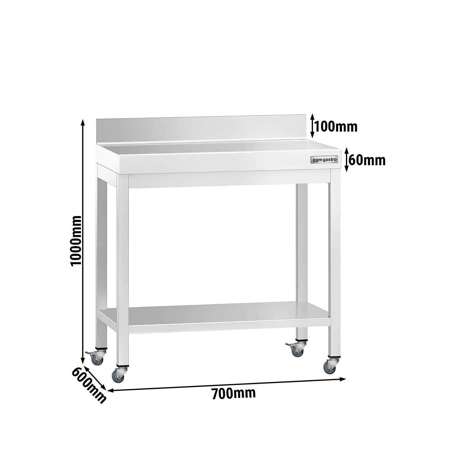 Table de travail en inox PREMIUM - 700 x 600 mm - avec tablette inférieure, dosseret et roulettes