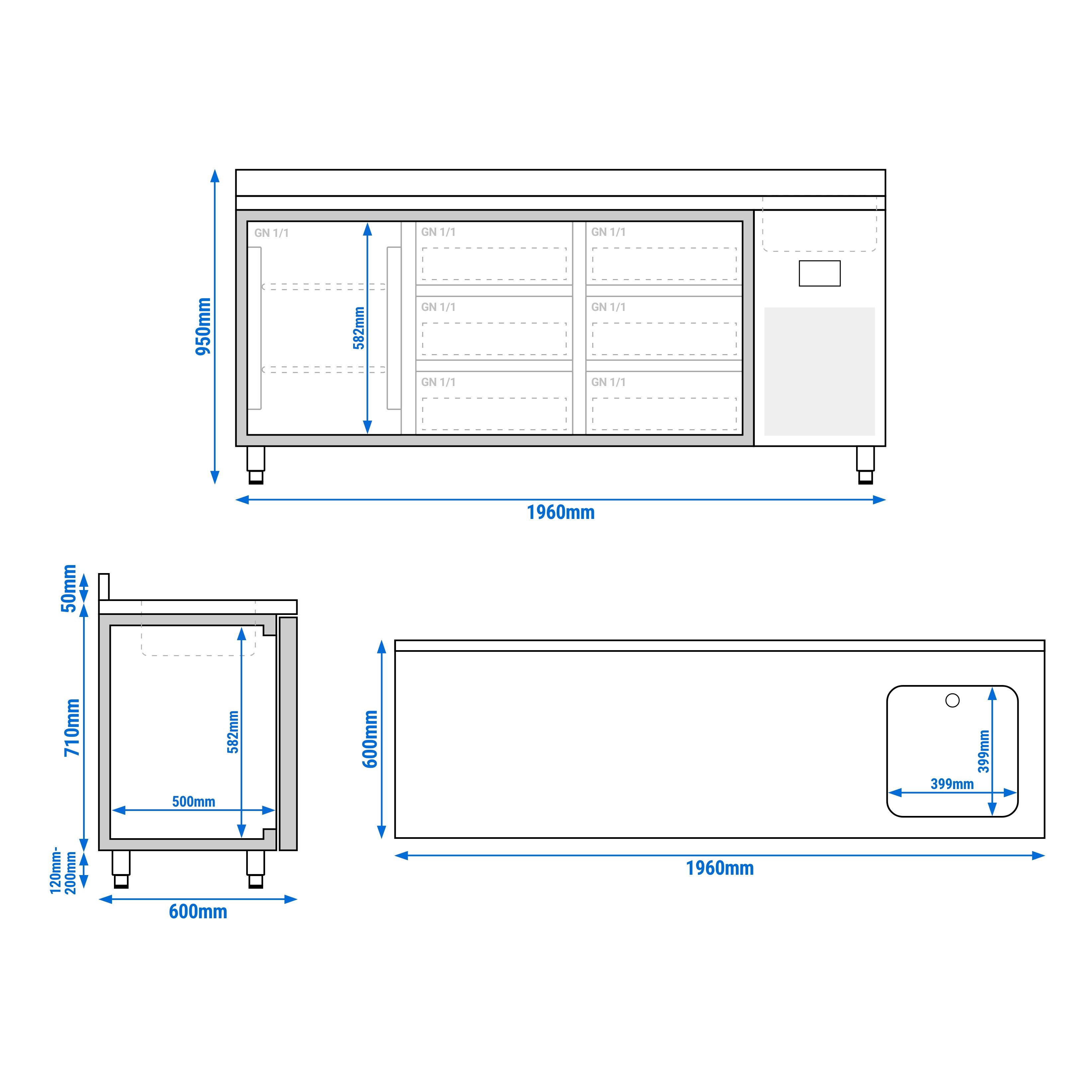 Table réfrigérée Premium PLUS - 1960 x 600 mm - avec 1 bac, 1 porte, 6 tiroirs - dosseret