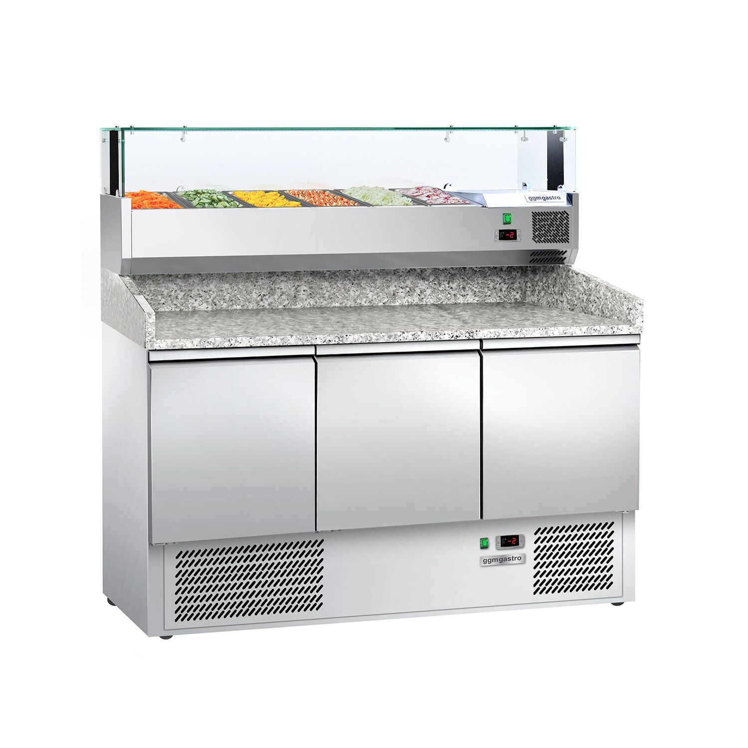 Table réfrigérée à pizza ECO - 1400 x 700 mm - avec 3 portes - incl. vitrine réfrigérée - 6 x GN 1/4