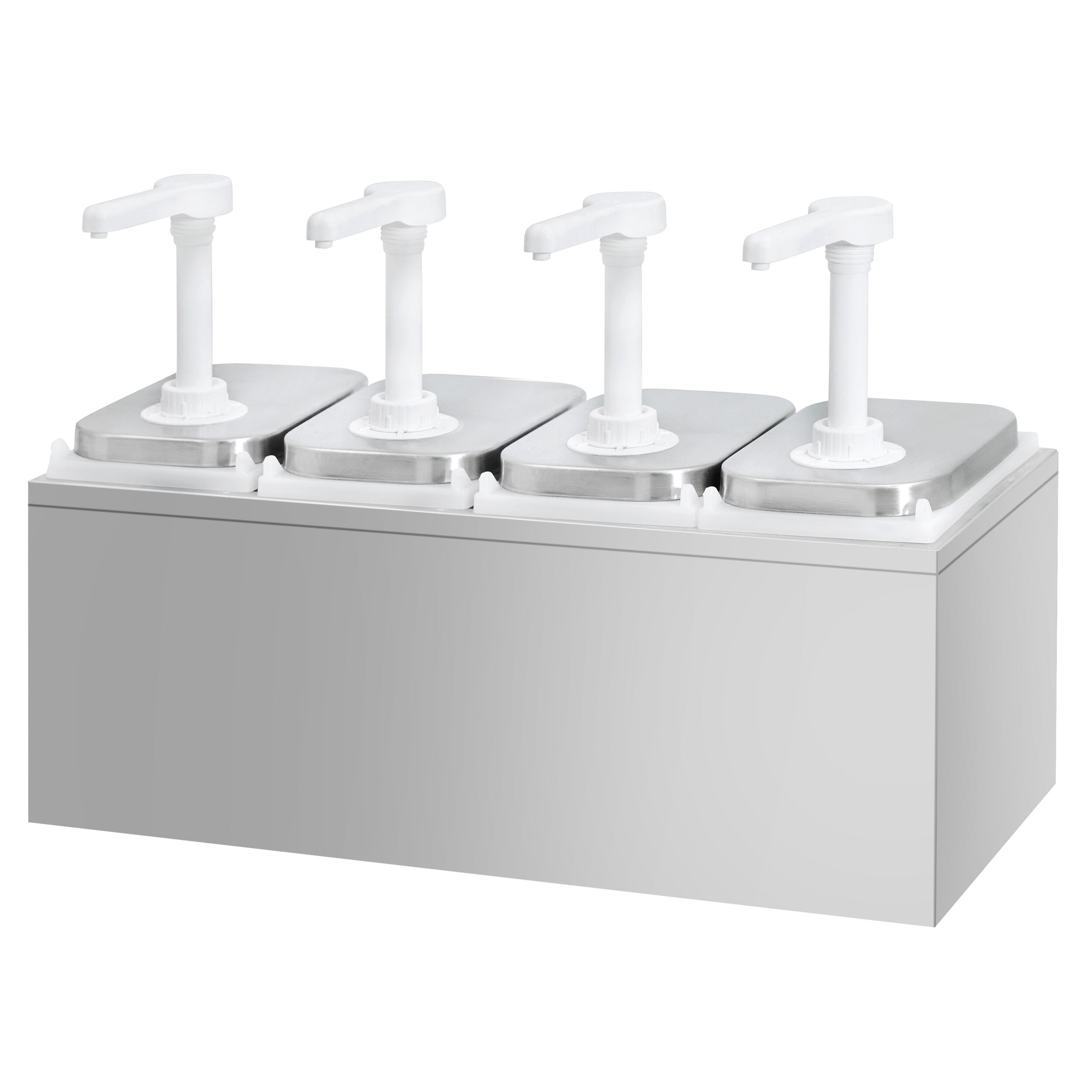 Commercial Condiment Dispenser - 4x 2 litres - adjustable dose - with container - incl. stainless steel frame - Stainless steel frame; Containers Polypropylene - 480x215x325mm