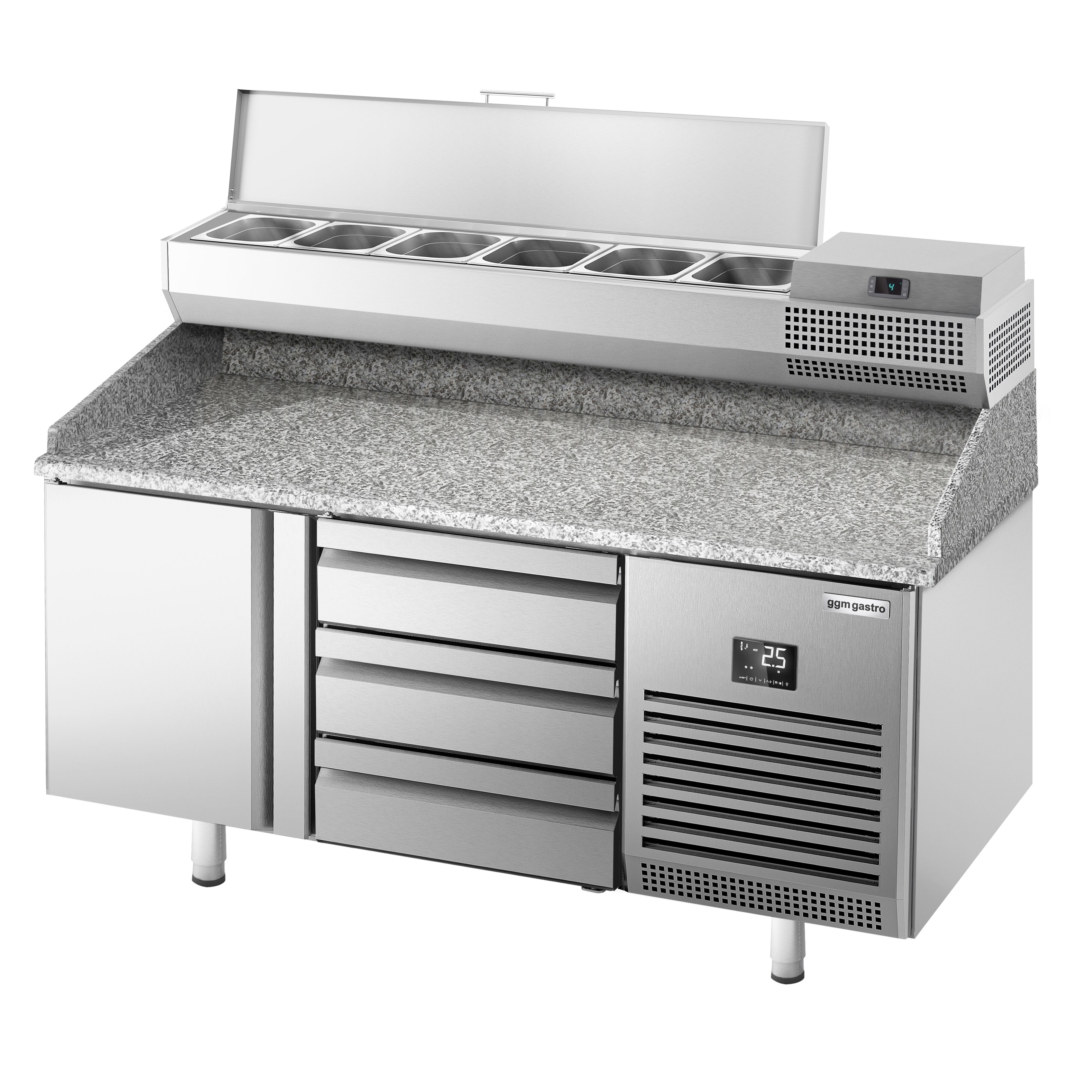 Table réfrigérée à pizza Premium PLUS - 1490x700 mm - avec 1 porte & 3 tiroirs - incl. vitrine réfrigérée - 6x GN 1/4