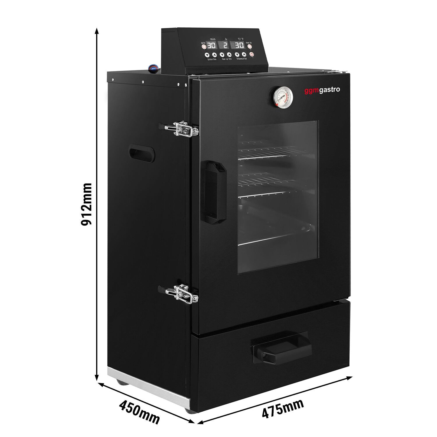 Compact Fumoir électrique professionnel - Commande électronique - 3 étagères et porte vitrée - 475x450mm - Noir