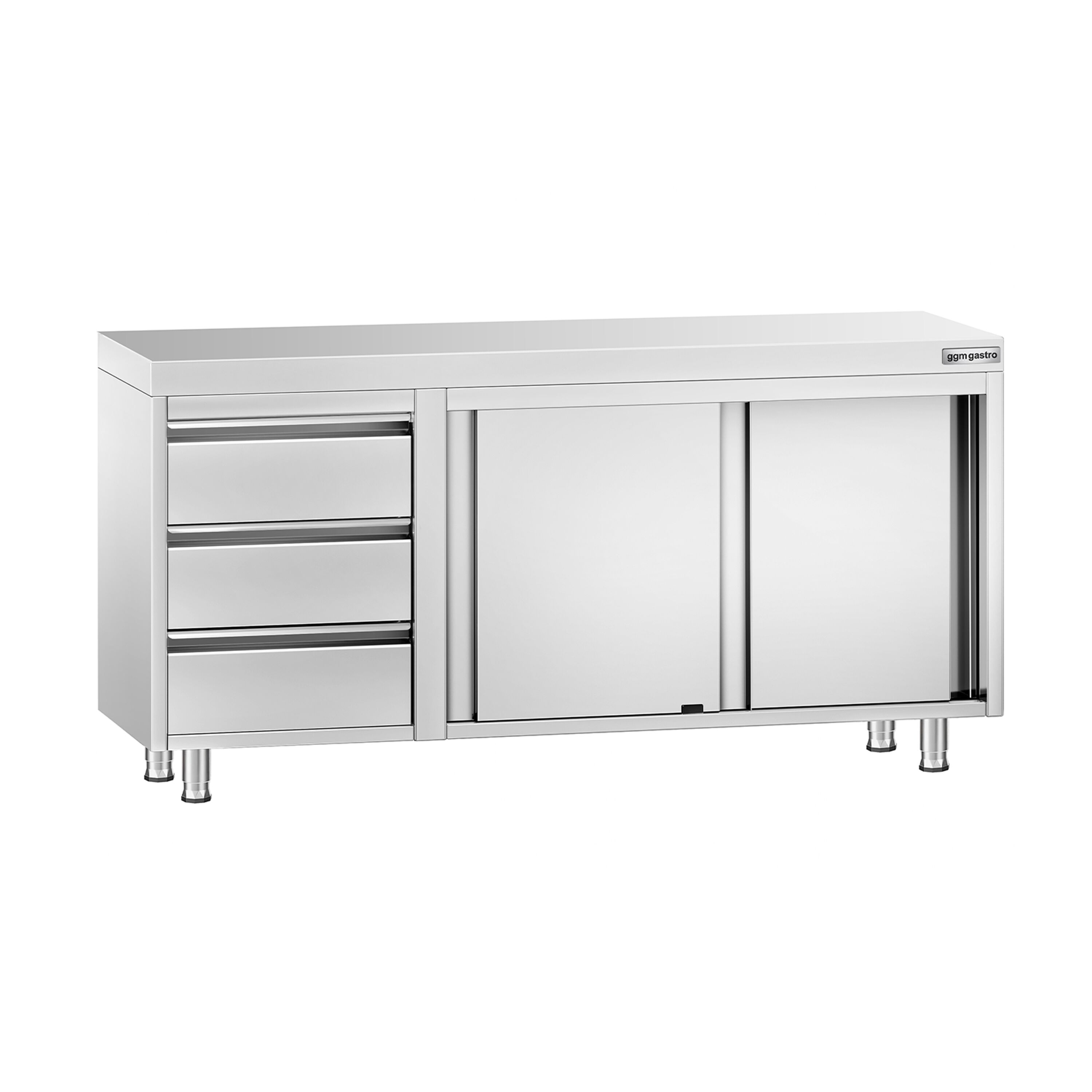 Table armoire en acier inoxydable PREMIUM - 1600x600mm - avec portes coulissantes et étagère basse - avec 3 tiroirs à gauche
