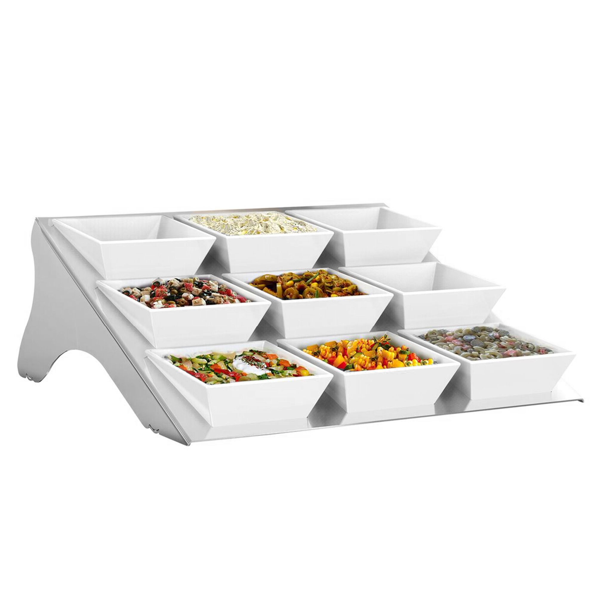 Présentoir buffet / étagère - chromé - incl. 9 bols en mélamine - rectangulaires