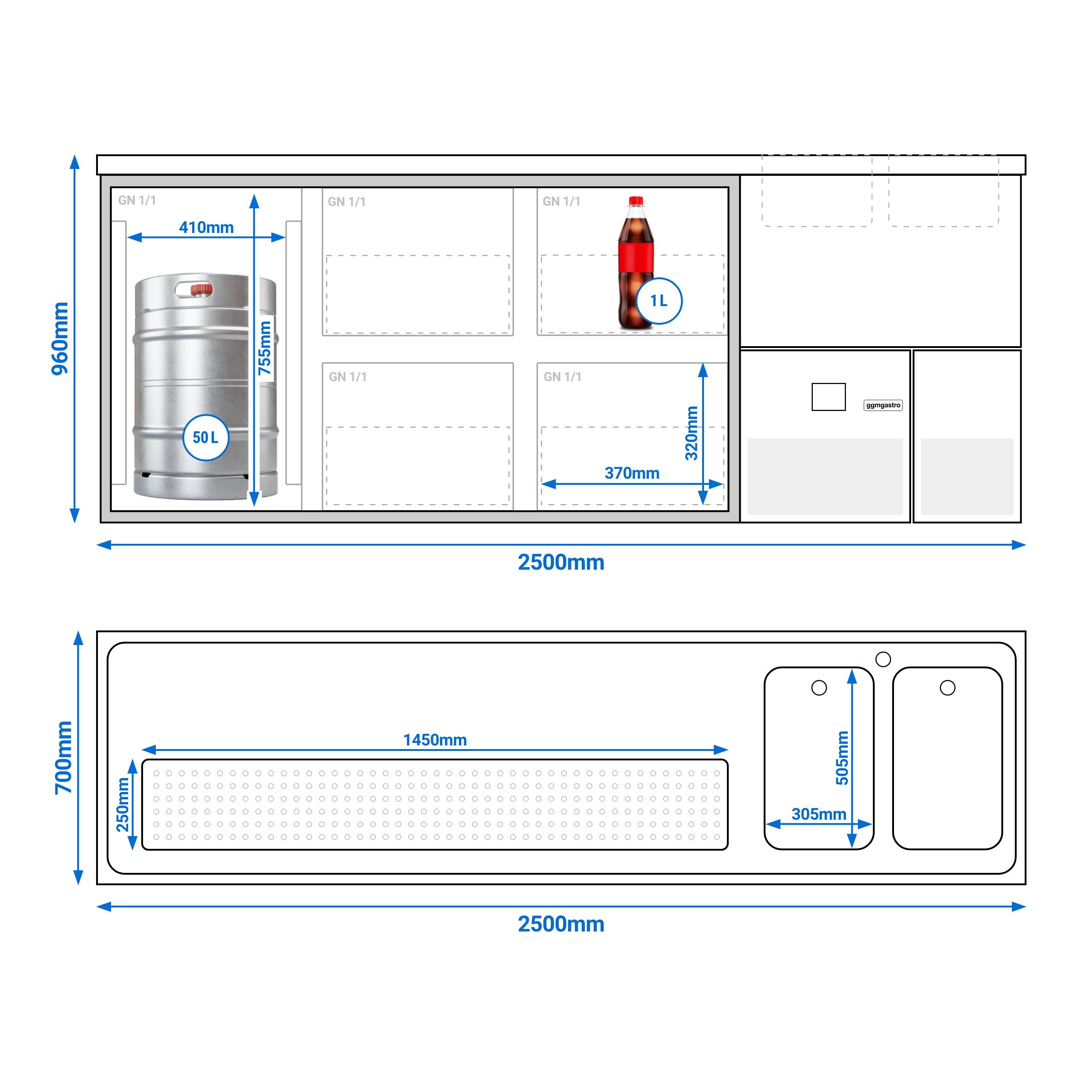 Comptoir de bar réfrigéré PREMIUM - 2500x700mm - 1 porte et 4 tiroirs