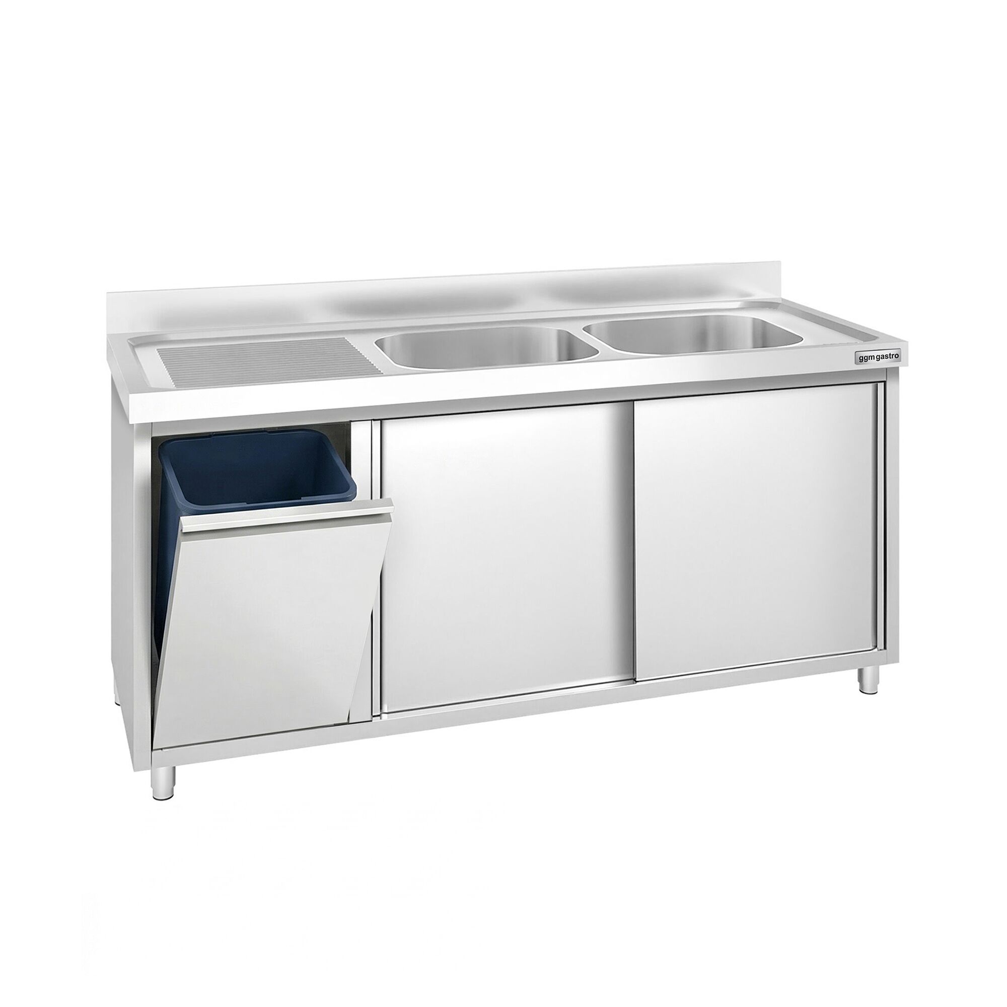 Meuble plonge PREMIUM - 1600x600mm - avec poubelle intégrée et 2 bacs